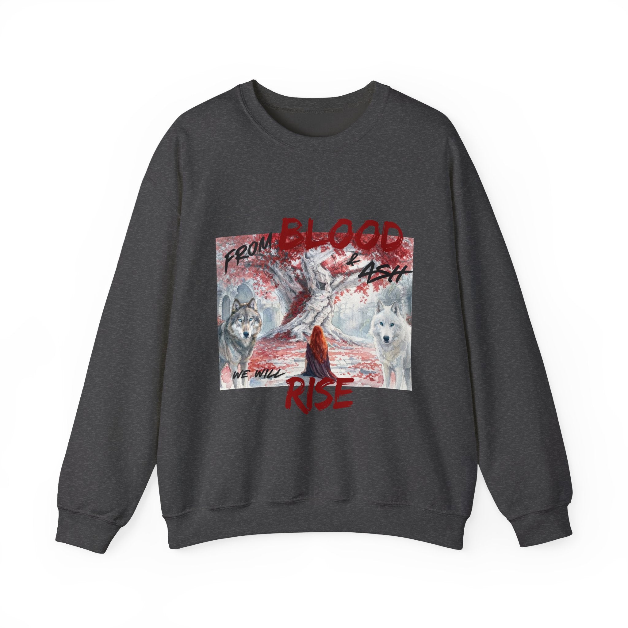 Rise From Blood & Ash Crewneck Sweatshirt – 'We Will Rise' Sword & Poppy Fantasy Graphic