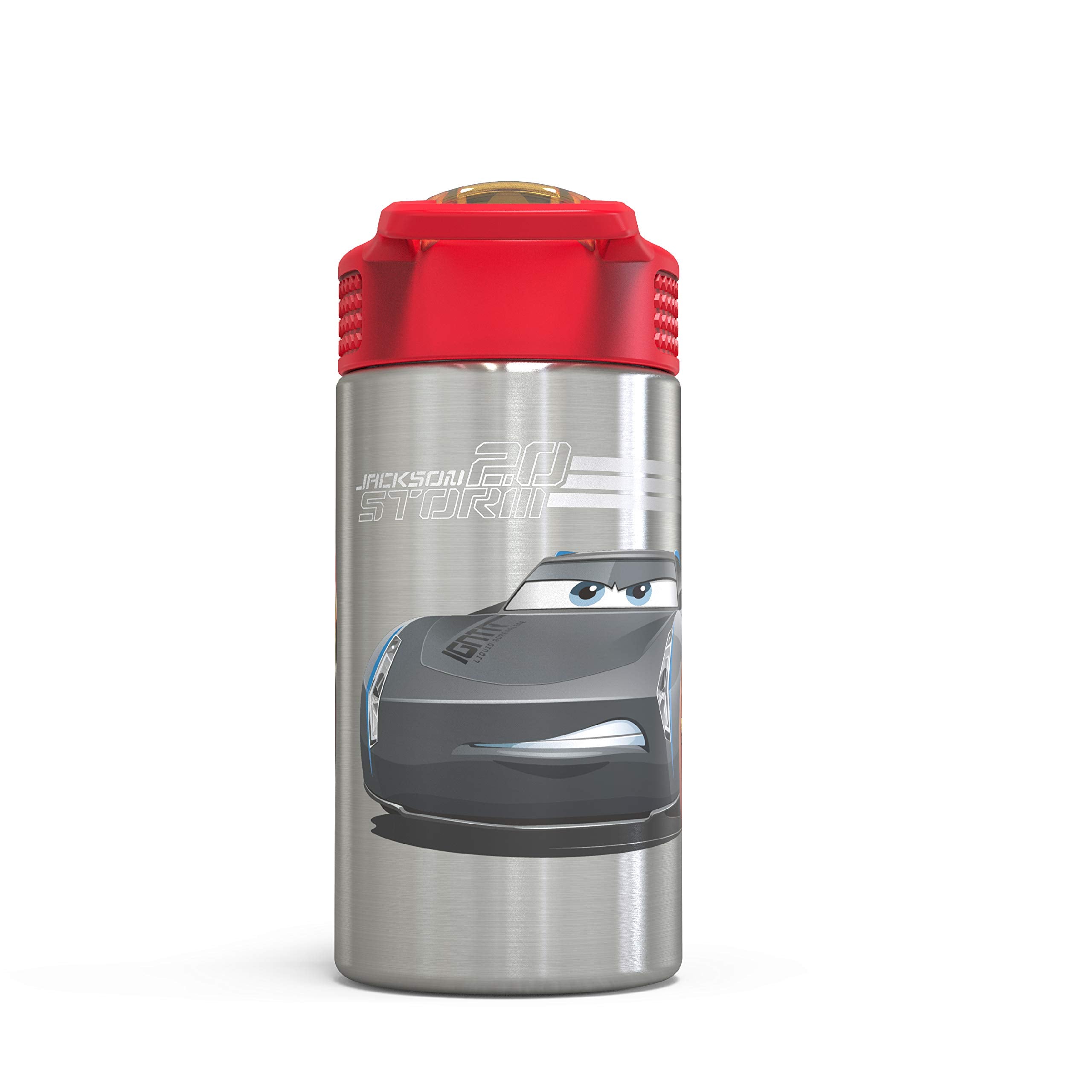 Zak Designs Disney Cars 3 - Stainless Steel Water Bottle with One Hand Operation Action Lid and Built-in Carrying Loop, Kids Water Bottle with Straw Spout is Perfect for Kids (15.5 oz, 18/8)