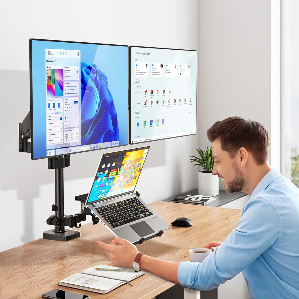 WALI Single Arm Laptop and Monitor Desk Mount for 17" Notebook and Single Screen, 2-in-1 Adjustable Gas Spring Monitor Arm with Laptop Tray, VESA 75x75 100x100,Holds 22-26.4 lbs, Black (GSMP001NLP)