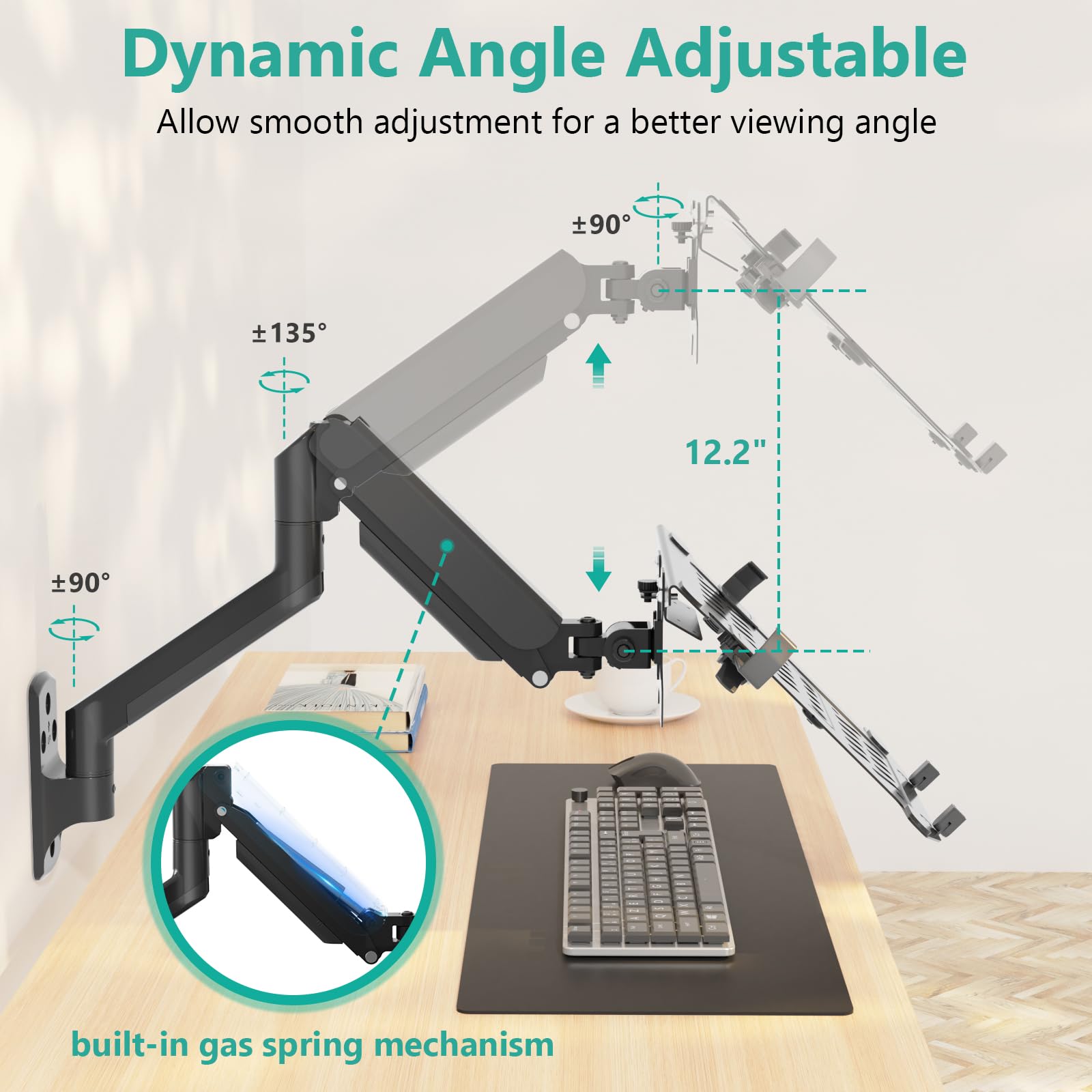 WALI Single Arm Laptop and Monitor Desk Mount for 17" Notebook and Single Screen, 2-in-1 Adjustable Gas Spring Monitor Arm with Laptop Tray, VESA 75x75 100x100,Holds 22-26.4 lbs, Black (GSMP001NLP)