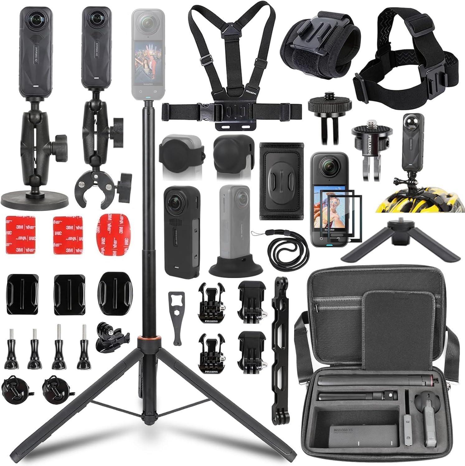 PellKing Accessories Kit for Insta360 X5,Included Carrying Case with Belt,135cm Selfie Stick Tripod,Aluminium Handlebar Clamp.2 Pcs Metal 1/4" Adapter,Magnetic Mount,4 Pcs Body Strap Mount,and Other