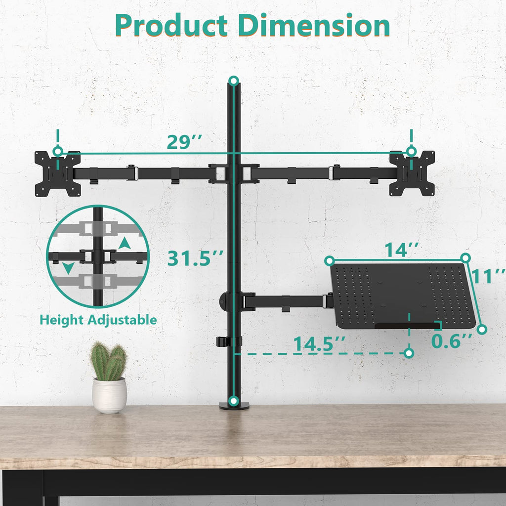WALI Single Arm Laptop and Monitor Desk Mount for 17" Notebook and Single Screen, 2-in-1 Adjustable Gas Spring Monitor Arm with Laptop Tray, VESA 75x75 100x100,Holds 22-26.4 lbs, Black (GSMP001NLP)
