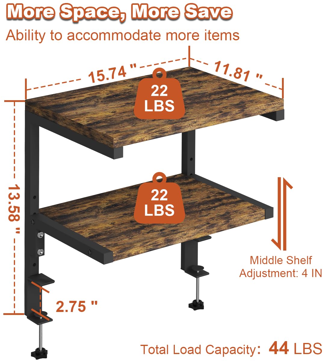 Clamp on Desk Organizer Shelf, Heavy-Duty Desk Extender Side Table with 2-Tier Adjustable Storage Shelves for Desktop Accessories, Gaming Devices, White