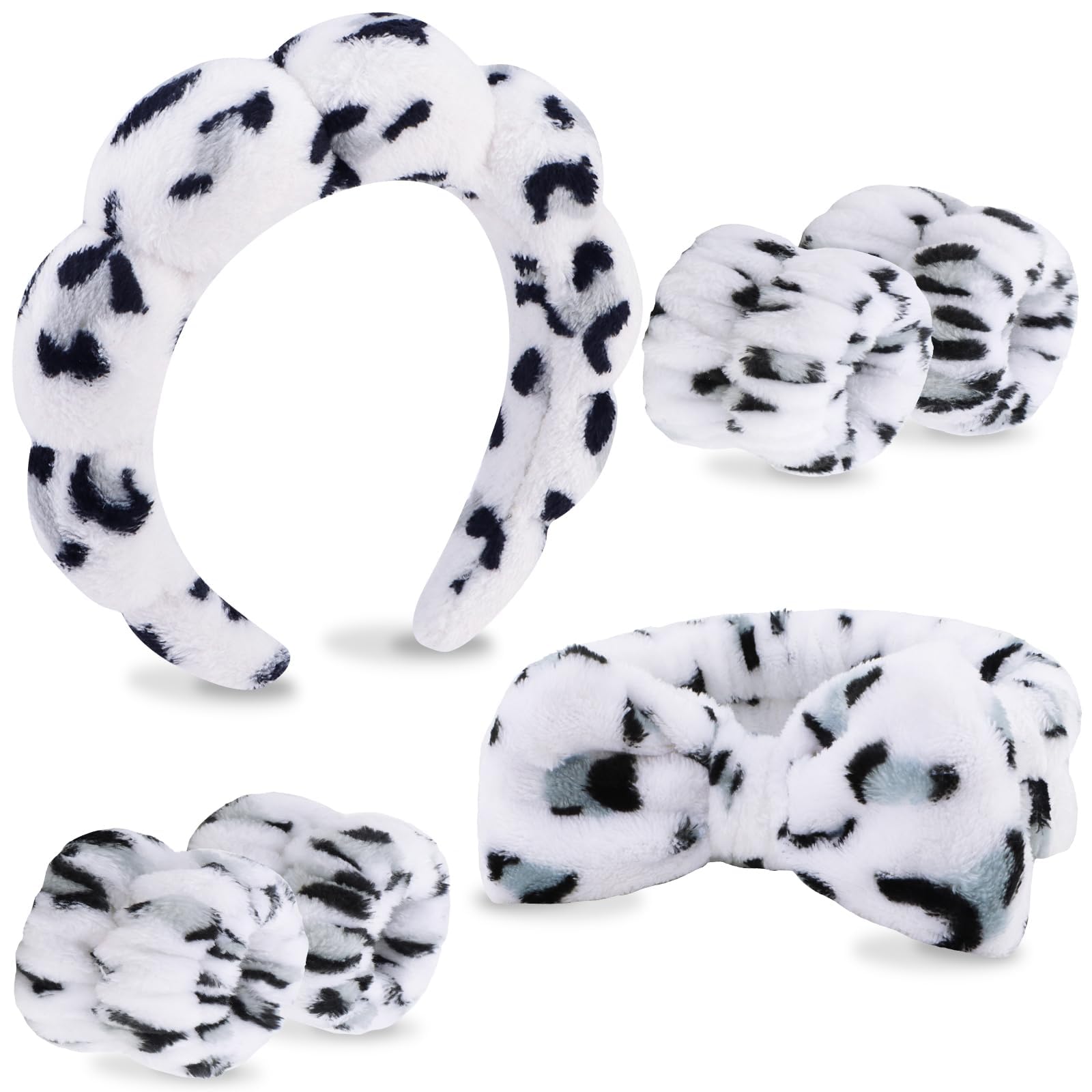6 Pcs Spa Headbands for women and girls face washing, makeup, facial skin care, fluffy sponge SPA hairband bow hairband hairpin wristband set. (White spots)
