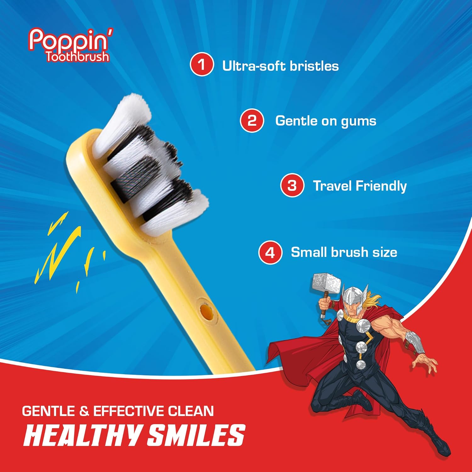 Brush Buddies Marvel Thor Kids Toothbrush, Soft Rounded Bristles, Poppin' Fun Superhero Toothbrush Cover