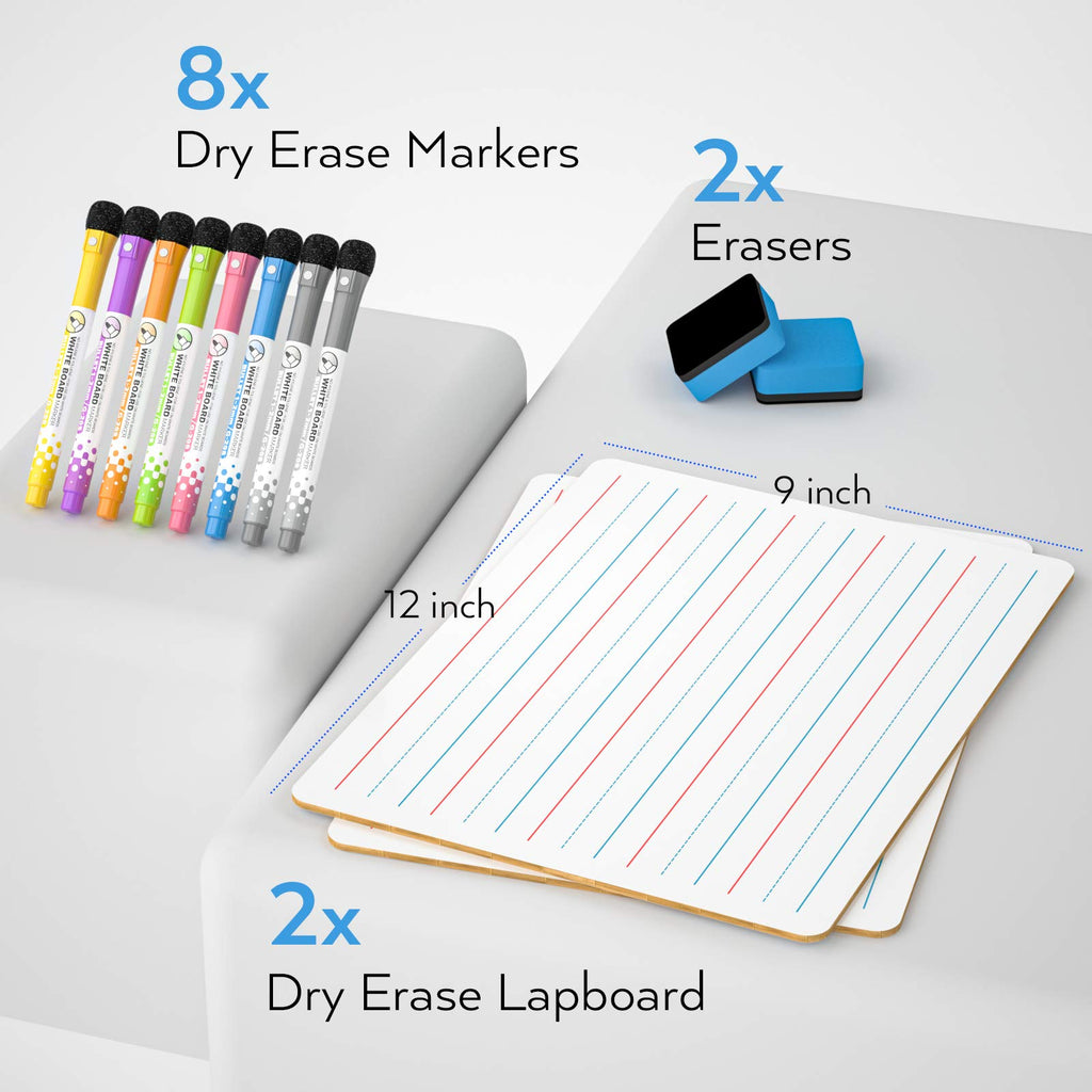 Nicpro Dry Erase Lap Board 9 x 12 inches 2 Pack Ruled Kid Double Sided Blank & Lined Small Lapboard with 8 Pens, 2 Eraser, Learning Mini Whiteboard Portable for Student and Classroom Use