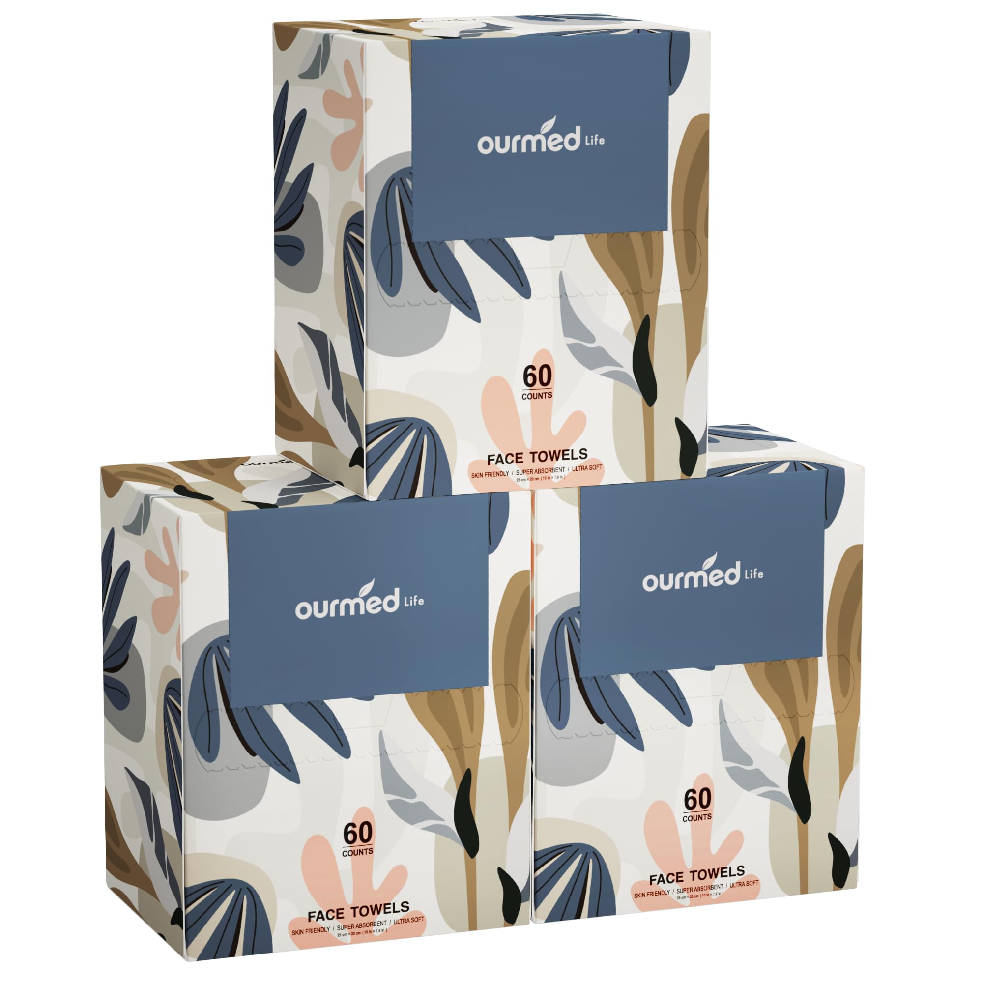 Ourmed Life Face Towels, Disposable Biodegradable Facial Towels for Sensitive Skin, Lint- free Facial Wipes for Washing Face, Skincare and Makeup Remover, Dry Wipes, 10"×7.9" Extra Large, 60 Count