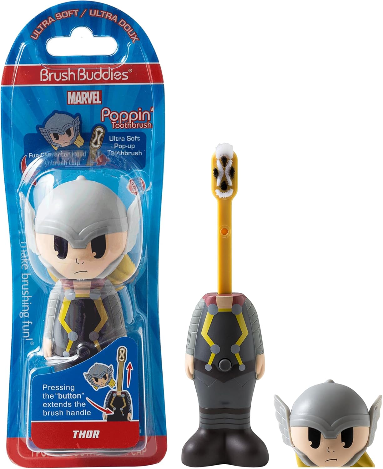 Brush Buddies Marvel Thor Kids Toothbrush, Soft Rounded Bristles, Poppin' Fun Superhero Toothbrush Cover