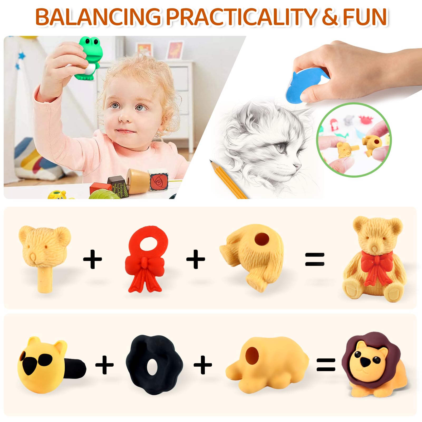 60Pcs Animal Erasers Desk Pets for Kids Animal Pencil Erasers Bulk Puzzle Eraser Toys Gifts for Classroom Prizes,Game Reward,Treasure Box,Easter Egg Fillers,Goodie Bag Stuffers,Party Favors