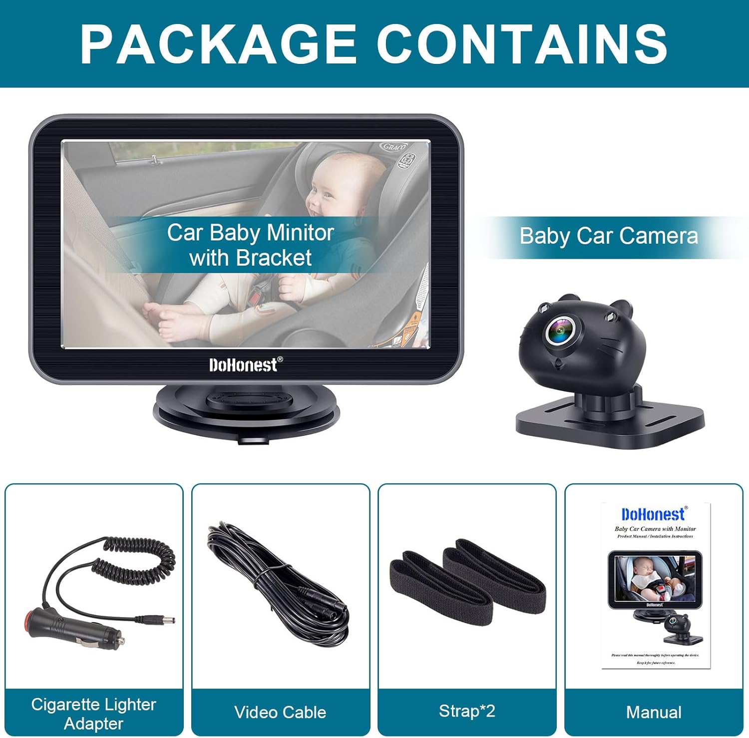 DoHonest Baby Car Camera 7-Inch: USB Plug and Play Easy Setup 360 Degree Rotating Backseat Camera Two Kids HD 1080P Rear Facing Car Seat Cameras Clear Night Vision -V9