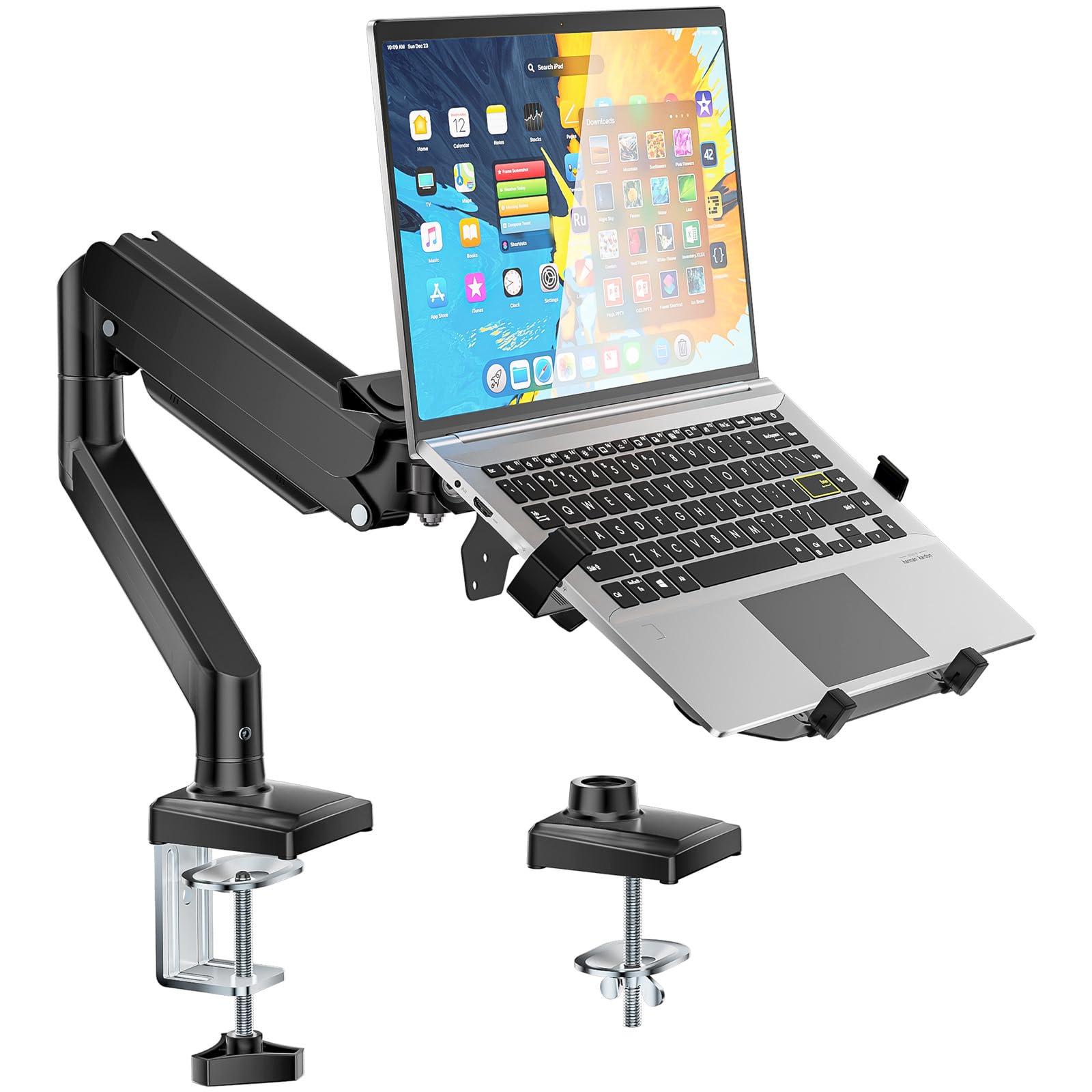 WALI Single Arm Laptop and Monitor Desk Mount for 17" Notebook and Single Screen, 2-in-1 Adjustable Gas Spring Monitor Arm with Laptop Tray, VESA 75x75 100x100,Holds 22-26.4 lbs, Black (GSMP001NLP)