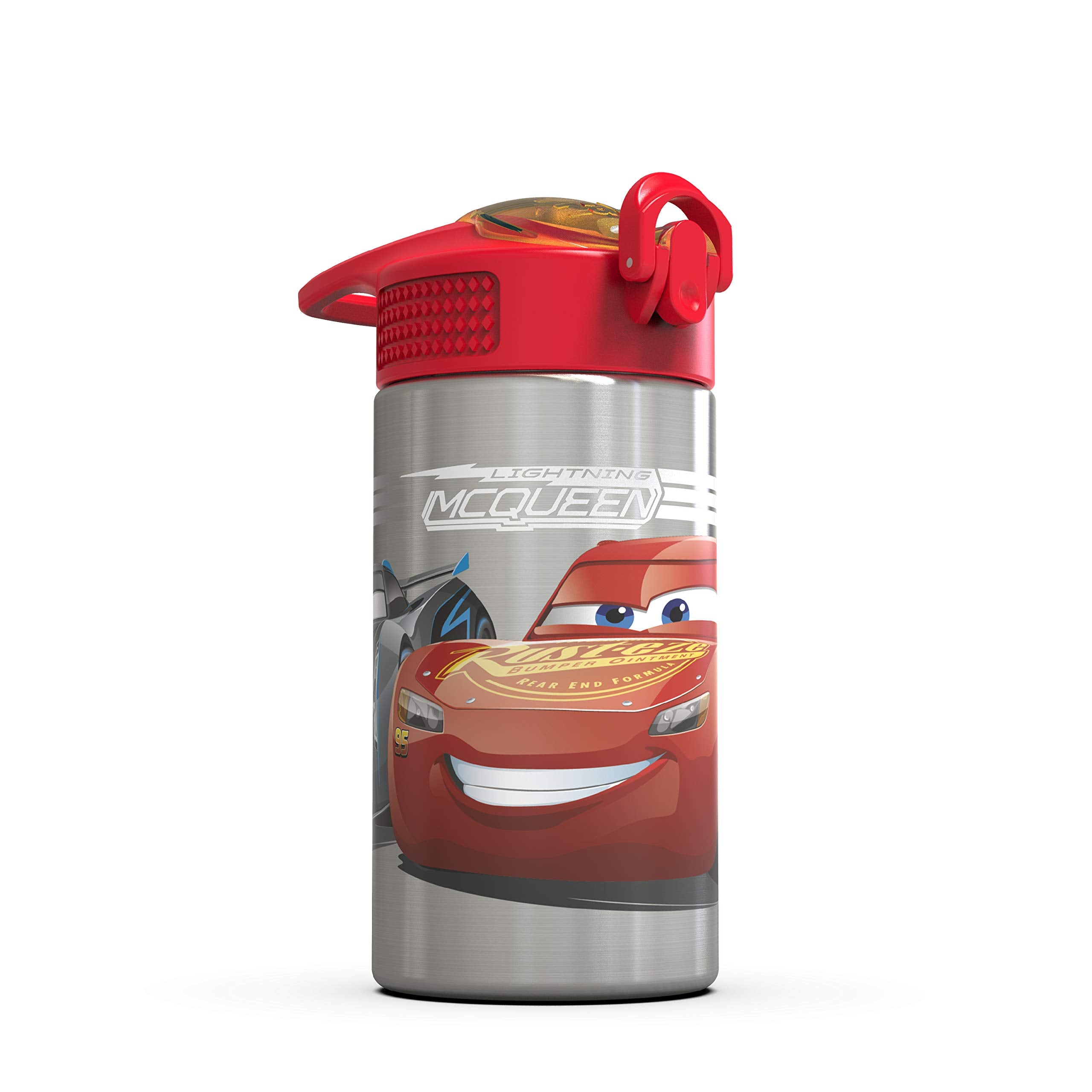 Zak Designs Disney Cars 3 - Stainless Steel Water Bottle with One Hand Operation Action Lid and Built-in Carrying Loop, Kids Water Bottle with Straw Spout is Perfect for Kids (15.5 oz, 18/8)
