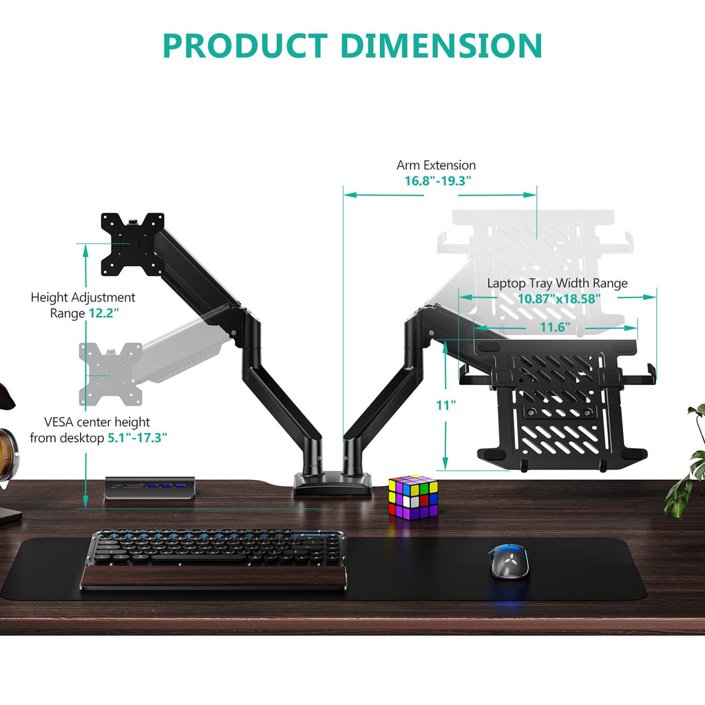 WALI Single Arm Laptop and Monitor Desk Mount for 17" Notebook and Single Screen, 2-in-1 Adjustable Gas Spring Monitor Arm with Laptop Tray, VESA 75x75 100x100,Holds 22-26.4 lbs, Black (GSMP001NLP)
