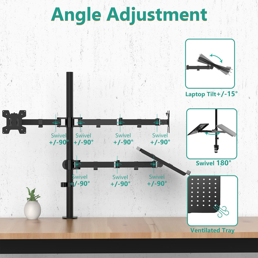 WALI Single Arm Laptop and Monitor Desk Mount for 17" Notebook and Single Screen, 2-in-1 Adjustable Gas Spring Monitor Arm with Laptop Tray, VESA 75x75 100x100,Holds 22-26.4 lbs, Black (GSMP001NLP)