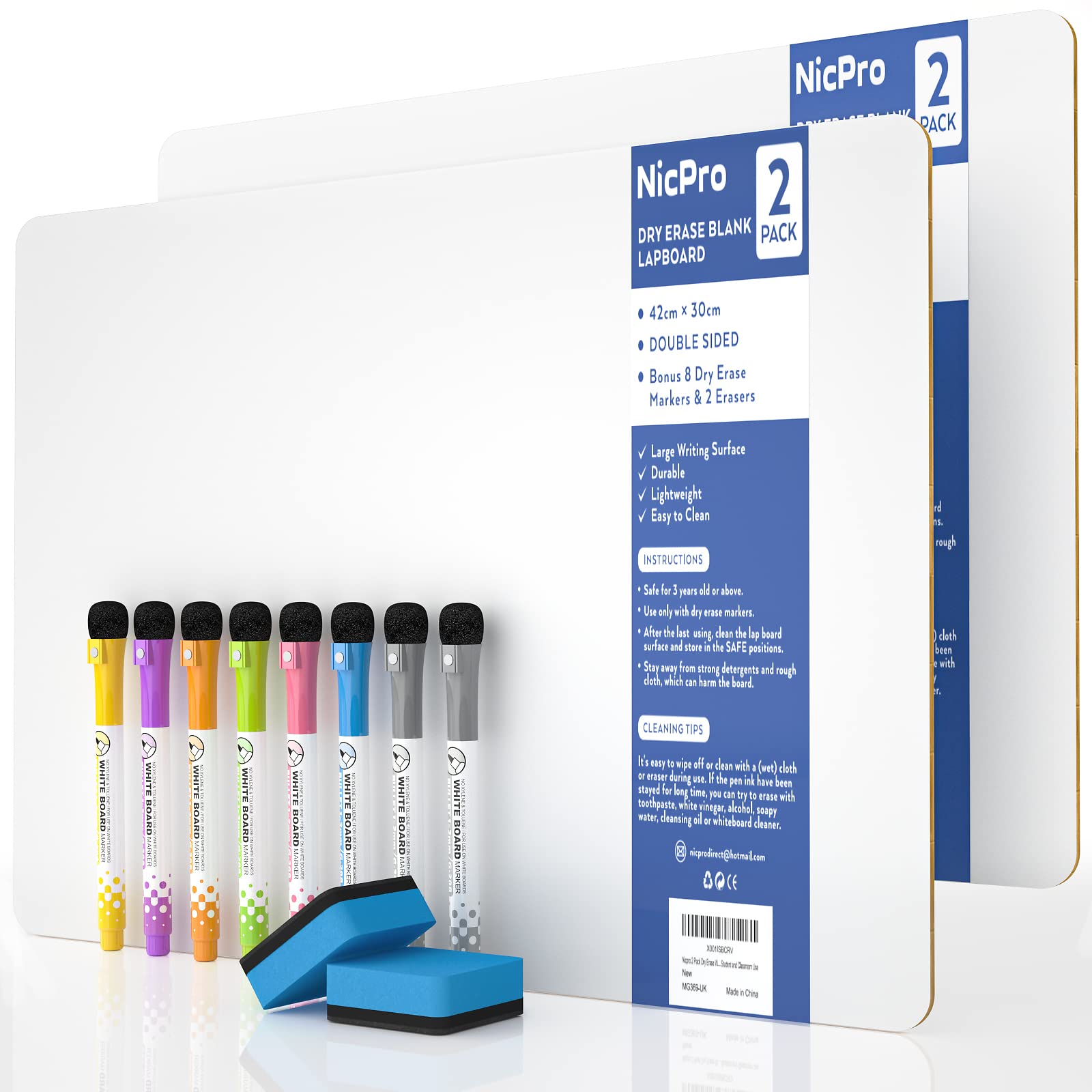 Nicpro Dry Erase Lap Board 9 x 12 inches 2 Pack Ruled Kid Double Sided Blank & Lined Small Lapboard with 8 Pens, 2 Eraser, Learning Mini Whiteboard Portable for Student and Classroom Use