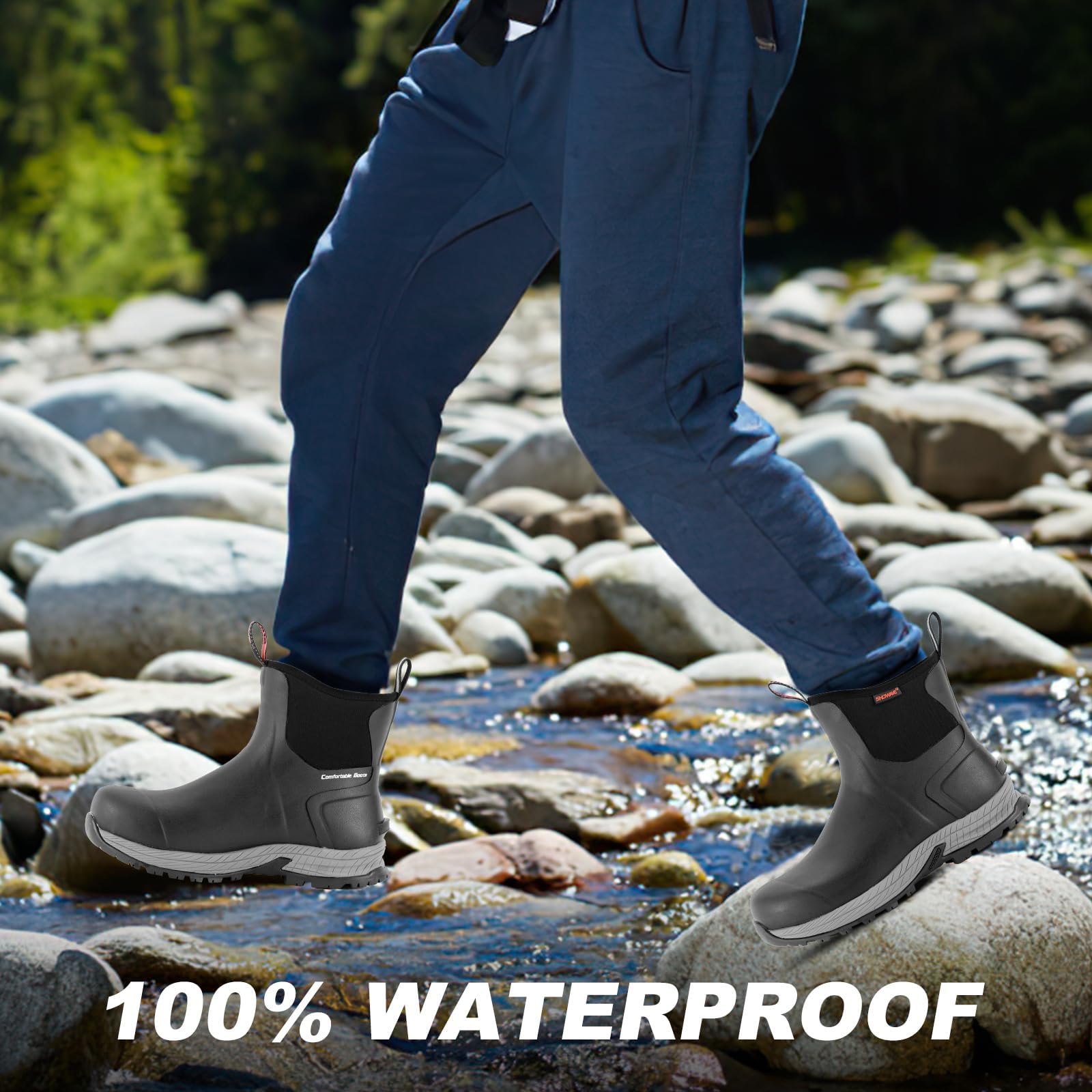 Showave Men's Rain Boots Waterproof Excursion Rubber Boots Insulated Mud Booties for Trekking Gardening Farming Camping Fishing and Chore Work