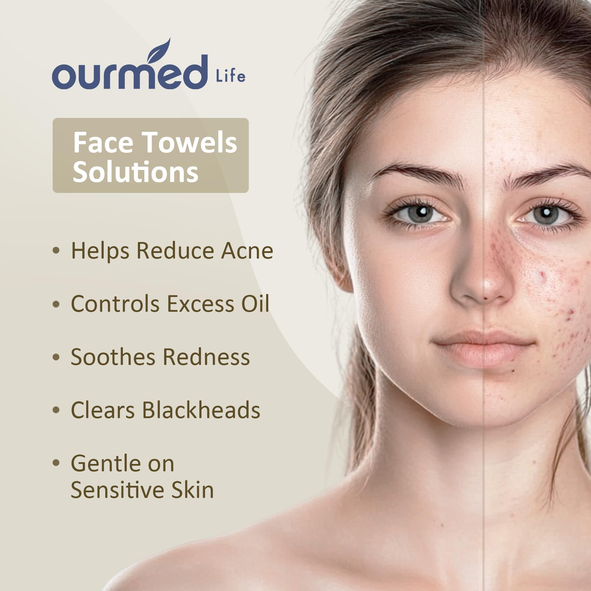 Ourmed Life Face Towels, Disposable Biodegradable Facial Towels for Sensitive Skin, Lint- free Facial Wipes for Washing Face, Skincare and Makeup Remover, Dry Wipes, 10"×7.9" Extra Large, 60 Count