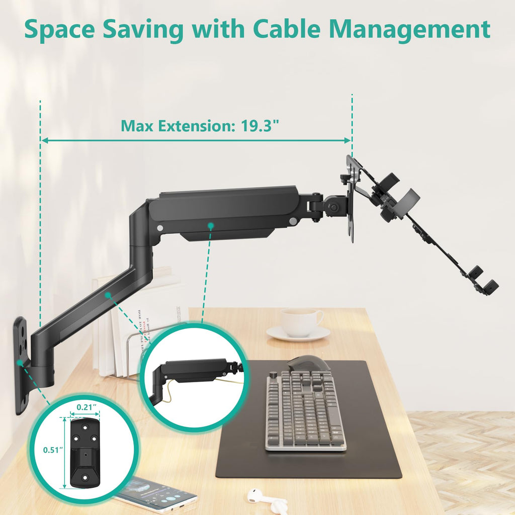 WALI Single Arm Laptop and Monitor Desk Mount for 17" Notebook and Single Screen, 2-in-1 Adjustable Gas Spring Monitor Arm with Laptop Tray, VESA 75x75 100x100,Holds 22-26.4 lbs, Black (GSMP001NLP)