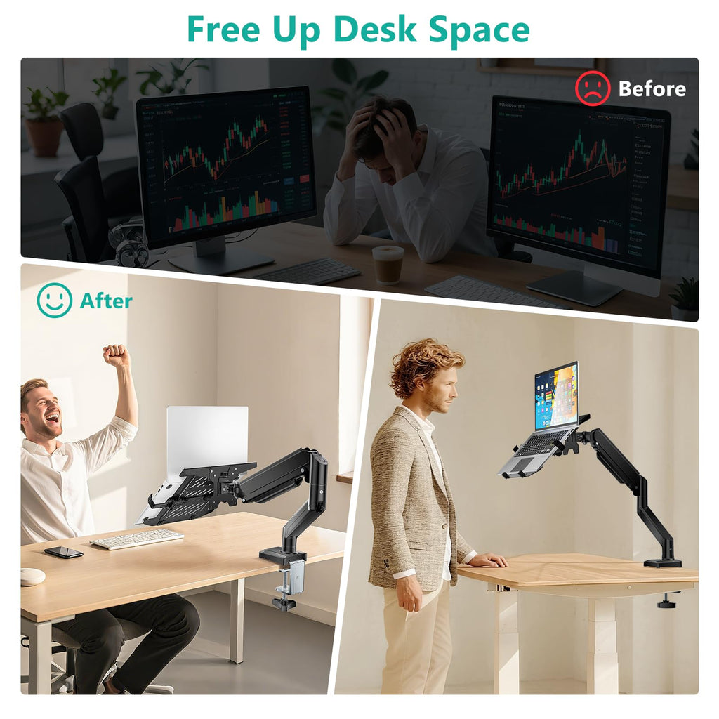 WALI Single Arm Laptop and Monitor Desk Mount for 17" Notebook and Single Screen, 2-in-1 Adjustable Gas Spring Monitor Arm with Laptop Tray, VESA 75x75 100x100,Holds 22-26.4 lbs, Black (GSMP001NLP)