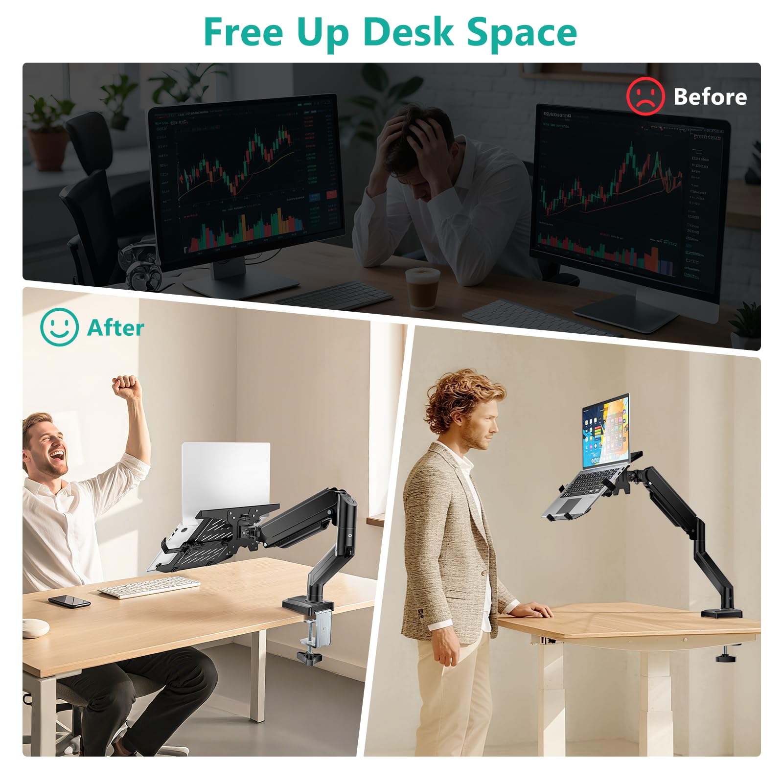 WALI Single Arm Laptop and Monitor Desk Mount for 17" Notebook and Single Screen, 2-in-1 Adjustable Gas Spring Monitor Arm with Laptop Tray, VESA 75x75 100x100,Holds 22-26.4 lbs, Black (GSMP001NLP)