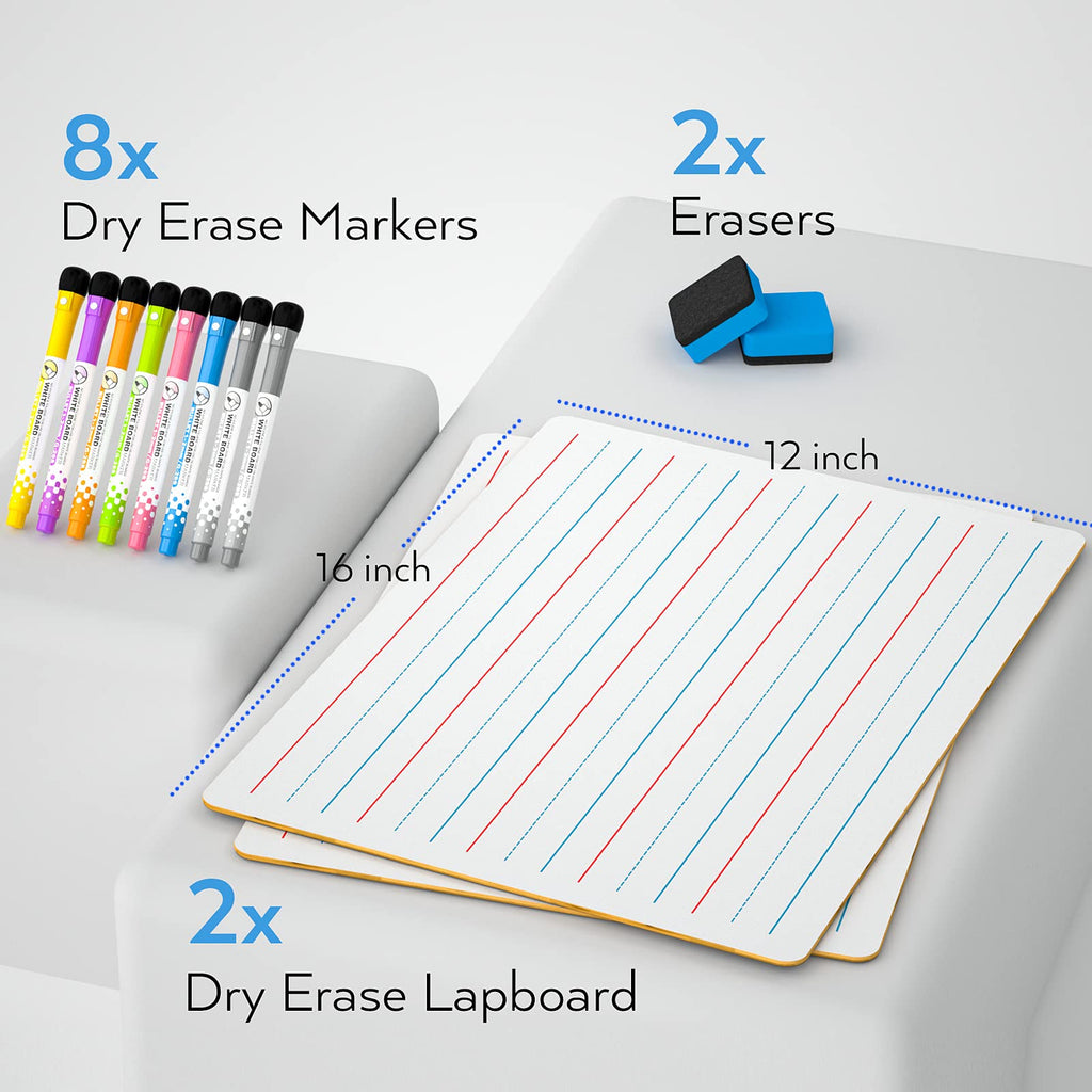 Nicpro Dry Erase Lap Board 9 x 12 inches 2 Pack Ruled Kid Double Sided Blank & Lined Small Lapboard with 8 Pens, 2 Eraser, Learning Mini Whiteboard Portable for Student and Classroom Use