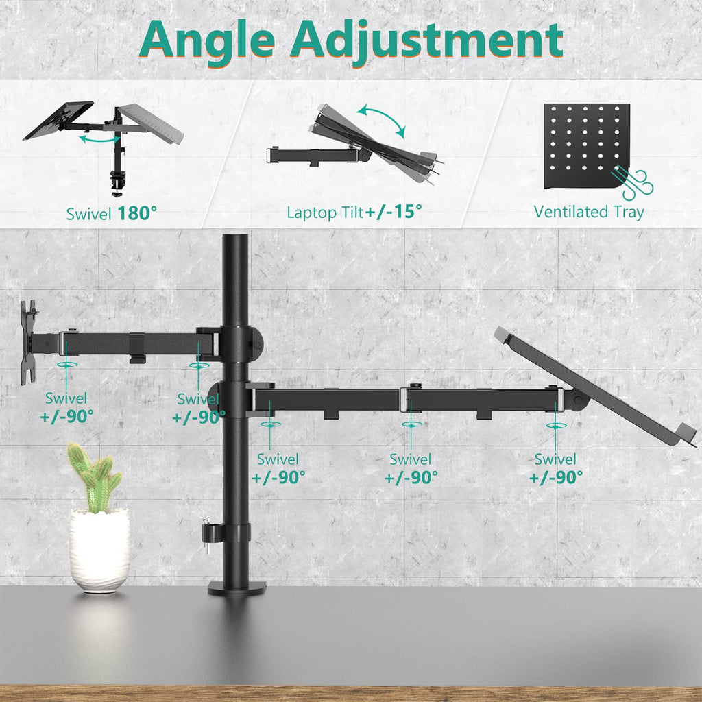 WALI Single Arm Laptop and Monitor Desk Mount for 17" Notebook and Single Screen, 2-in-1 Adjustable Gas Spring Monitor Arm with Laptop Tray, VESA 75x75 100x100,Holds 22-26.4 lbs, Black (GSMP001NLP)