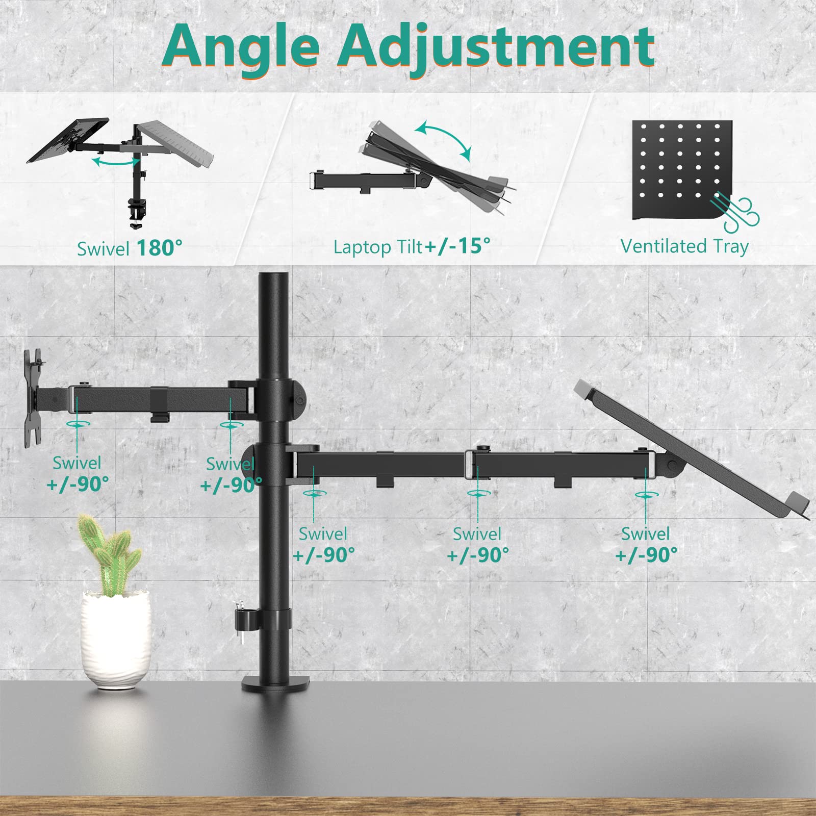 WALI Single Arm Laptop and Monitor Desk Mount for 17" Notebook and Single Screen, 2-in-1 Adjustable Gas Spring Monitor Arm with Laptop Tray, VESA 75x75 100x100,Holds 22-26.4 lbs, Black (GSMP001NLP)