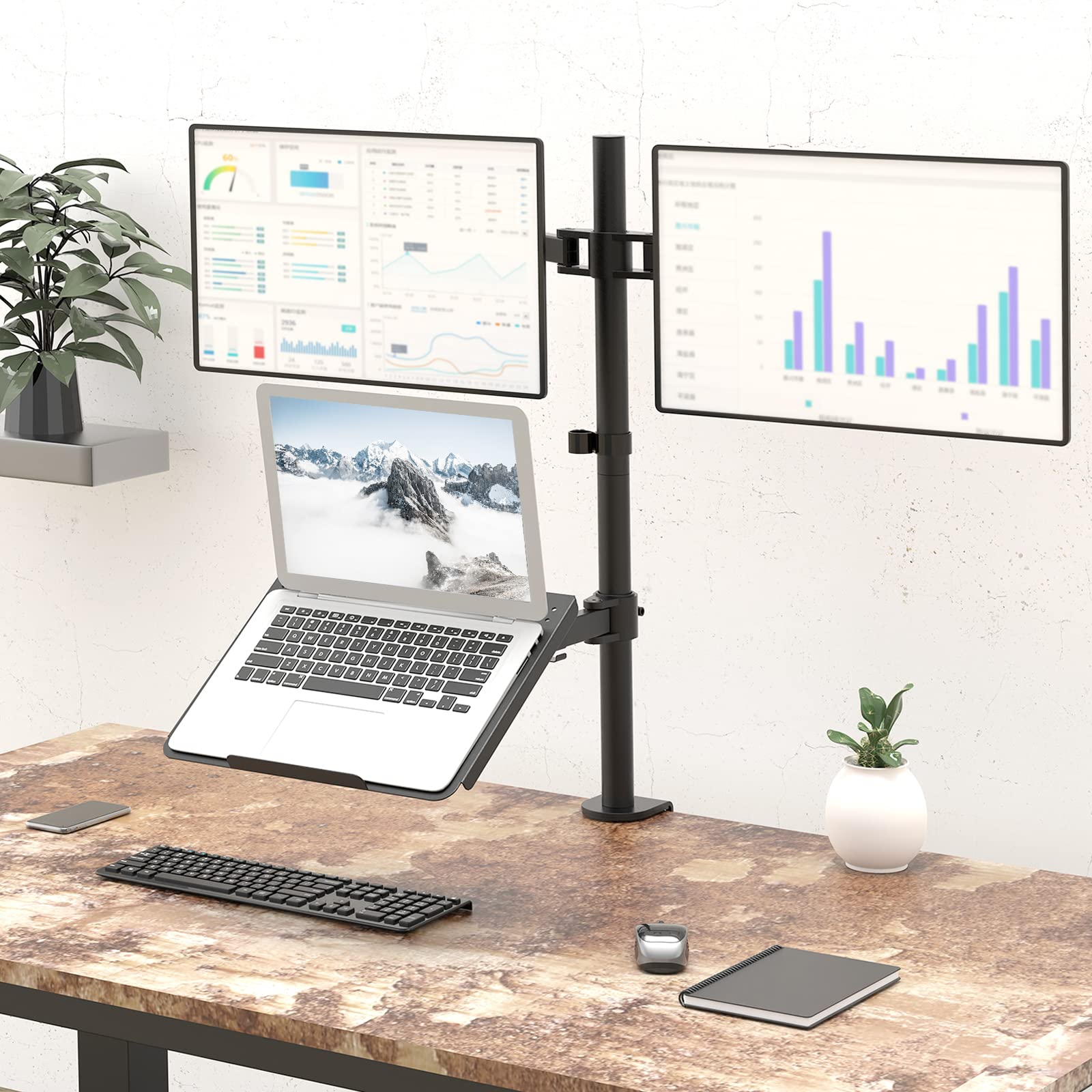 WALI Single Arm Laptop and Monitor Desk Mount for 17" Notebook and Single Screen, 2-in-1 Adjustable Gas Spring Monitor Arm with Laptop Tray, VESA 75x75 100x100,Holds 22-26.4 lbs, Black (GSMP001NLP)