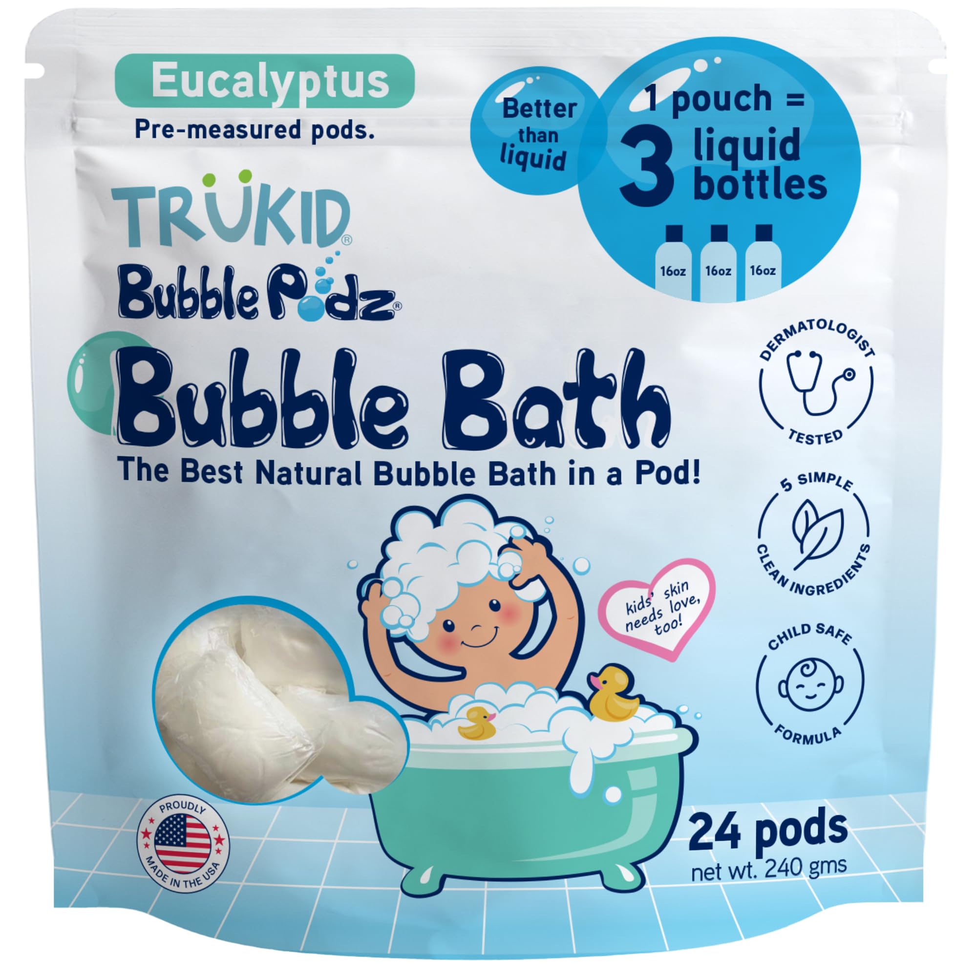 TruKid Bubble Podz Bubble Bath for Kids, Toddlers, & Babies, Tear Free Gentle & Refreshing Bath Bomb for Sensitive Skin with Natural Moisturizers, Non-Toxic, pH Balanced, Lavender Scent (24 Podz)
