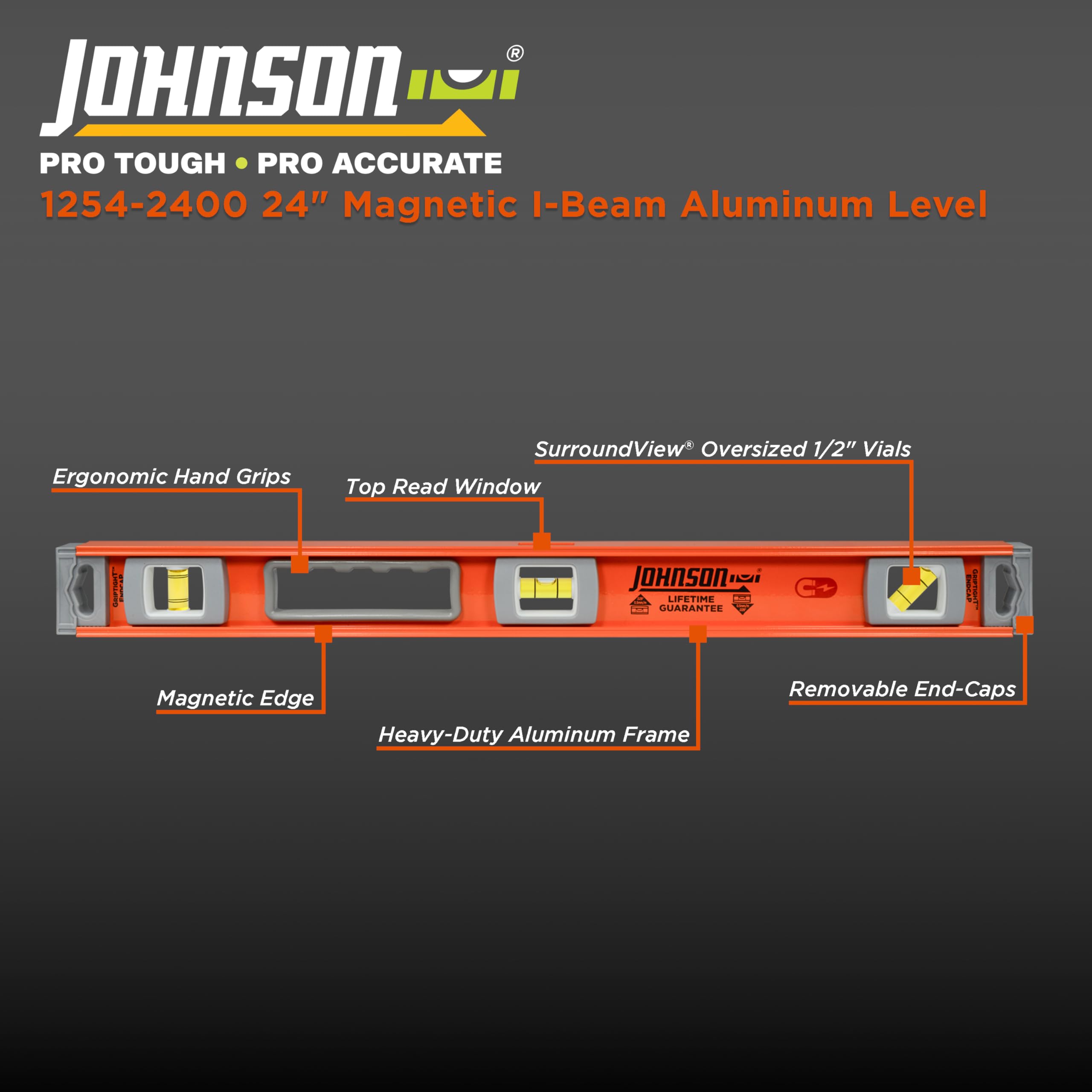 Johnson Level & Tool 1254-2400 Magnetic Heavy Duty I-Beam Aluminum, 24", Orange, 1 Level