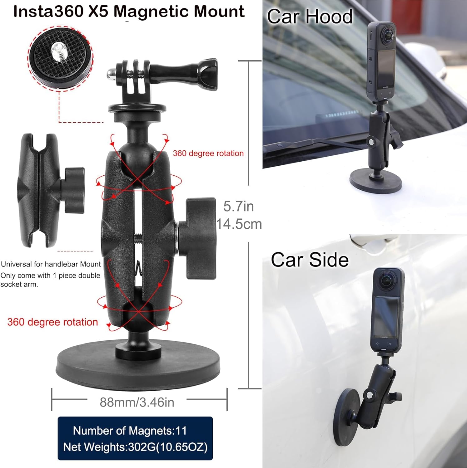 PellKing Accessories Kit for Insta360 X5,Included Carrying Case with Belt,135cm Selfie Stick Tripod,Aluminium Handlebar Clamp.2 Pcs Metal 1/4" Adapter,Magnetic Mount,4 Pcs Body Strap Mount,and Other