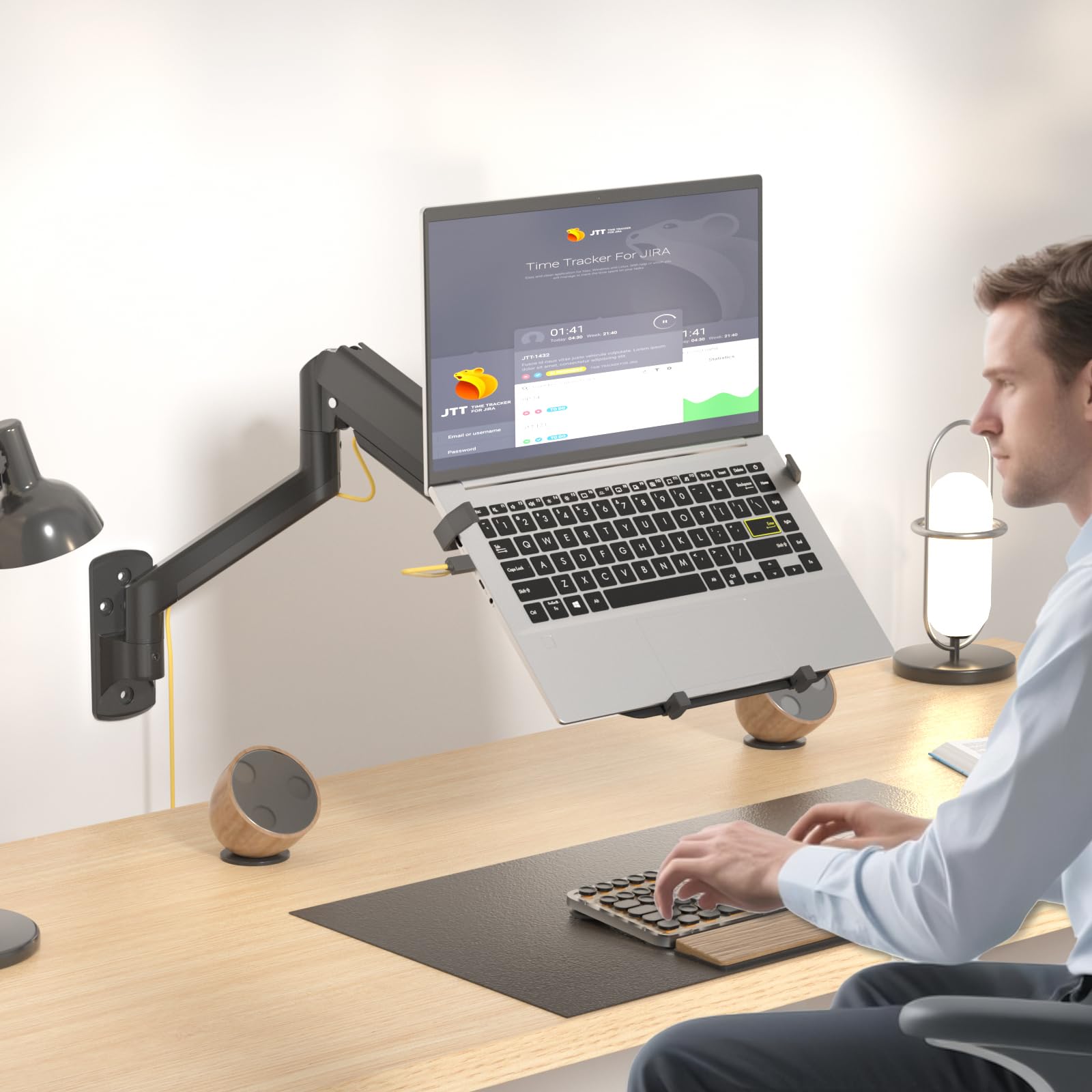 WALI Single Arm Laptop and Monitor Desk Mount for 17" Notebook and Single Screen, 2-in-1 Adjustable Gas Spring Monitor Arm with Laptop Tray, VESA 75x75 100x100,Holds 22-26.4 lbs, Black (GSMP001NLP)