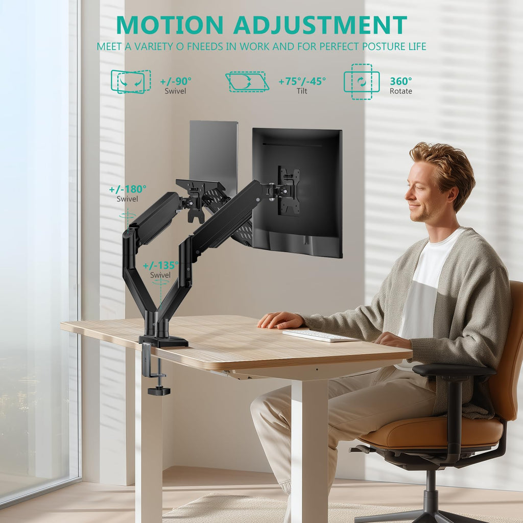 WALI Single Arm Laptop and Monitor Desk Mount for 17" Notebook and Single Screen, 2-in-1 Adjustable Gas Spring Monitor Arm with Laptop Tray, VESA 75x75 100x100,Holds 22-26.4 lbs, Black (GSMP001NLP)
