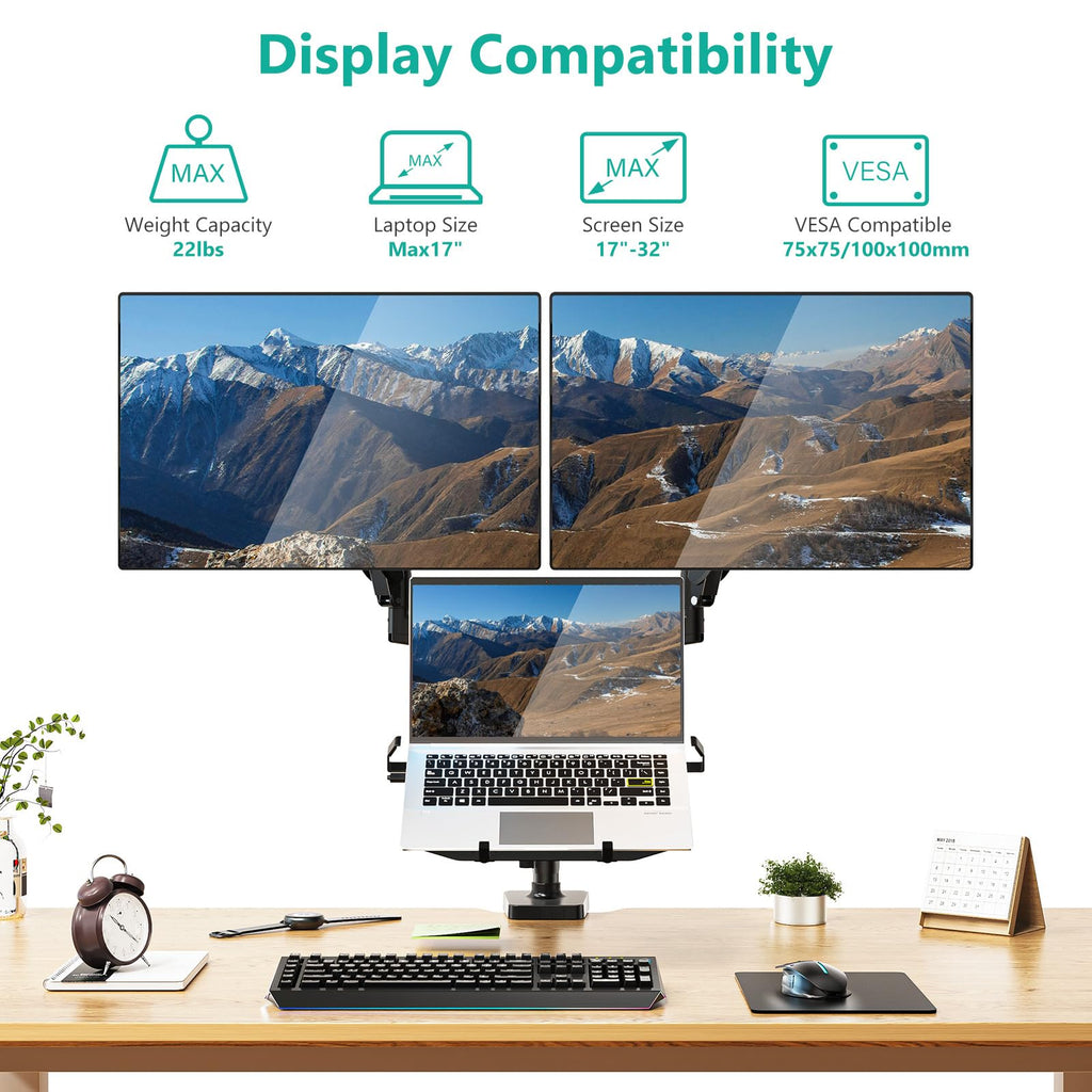 WALI Single Arm Laptop and Monitor Desk Mount for 17" Notebook and Single Screen, 2-in-1 Adjustable Gas Spring Monitor Arm with Laptop Tray, VESA 75x75 100x100,Holds 22-26.4 lbs, Black (GSMP001NLP)