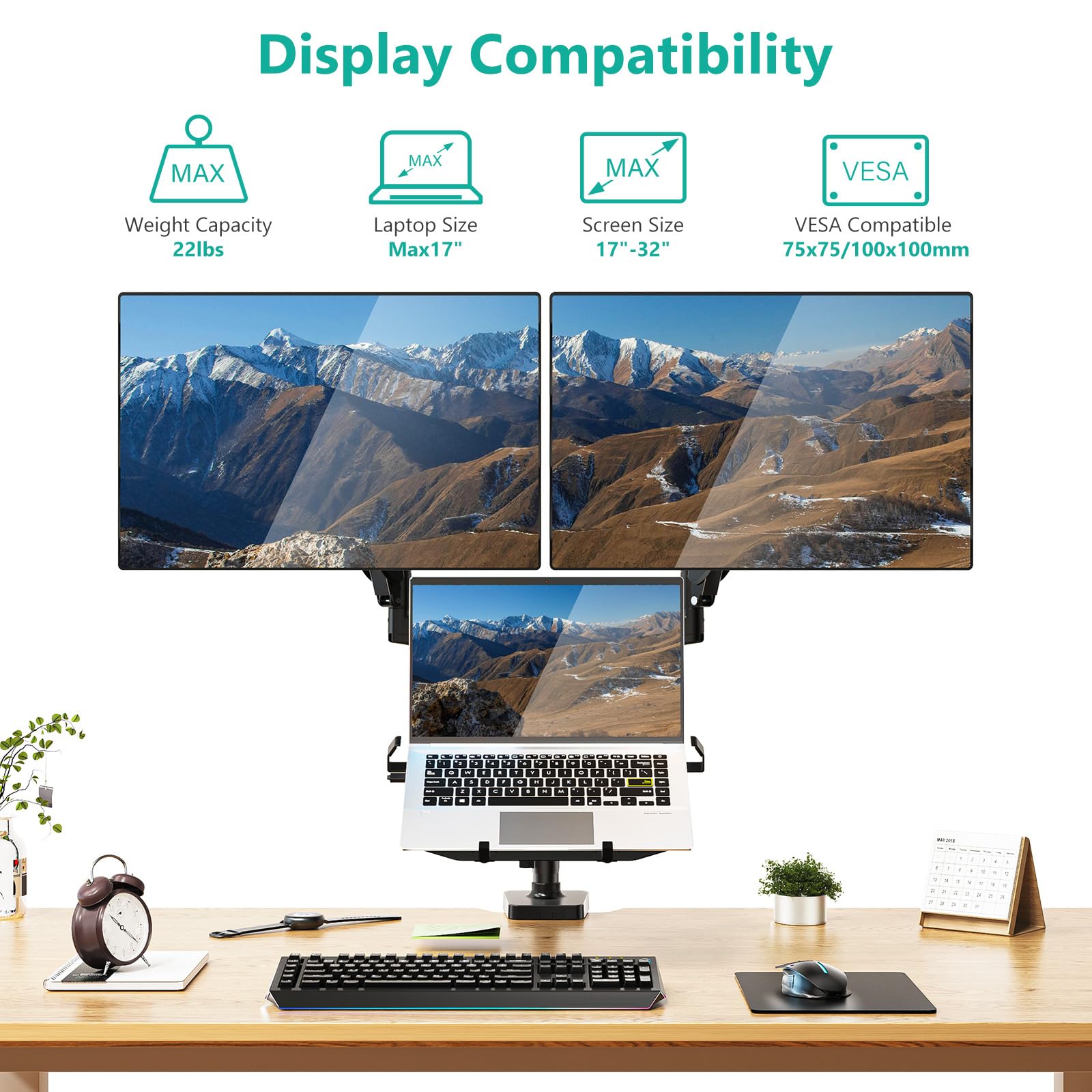 WALI Single Arm Laptop and Monitor Desk Mount for 17" Notebook and Single Screen, 2-in-1 Adjustable Gas Spring Monitor Arm with Laptop Tray, VESA 75x75 100x100,Holds 22-26.4 lbs, Black (GSMP001NLP)