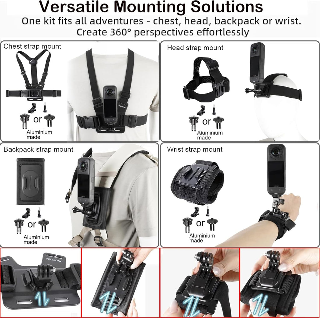 PellKing Accessories Kit for Insta360 X5,Included Carrying Case with Belt,135cm Selfie Stick Tripod,Aluminium Handlebar Clamp.2 Pcs Metal 1/4" Adapter,Magnetic Mount,4 Pcs Body Strap Mount,and Other