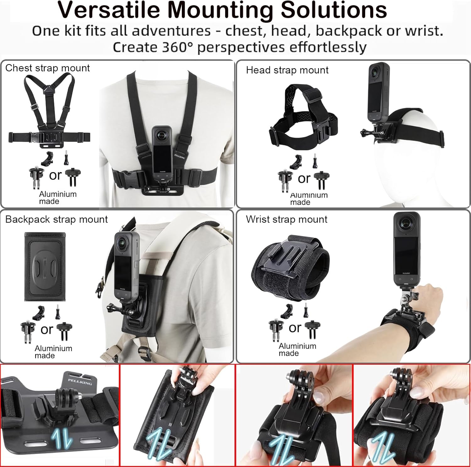 PellKing Accessories Kit for Insta360 X5,Included Carrying Case with Belt,135cm Selfie Stick Tripod,Aluminium Handlebar Clamp.2 Pcs Metal 1/4" Adapter,Magnetic Mount,4 Pcs Body Strap Mount,and Other