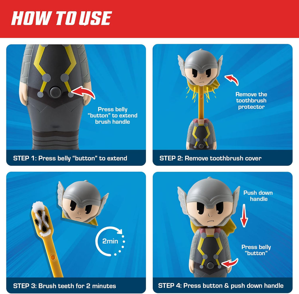 Brush Buddies Marvel Thor Kids Toothbrush, Soft Rounded Bristles, Poppin' Fun Superhero Toothbrush Cover
