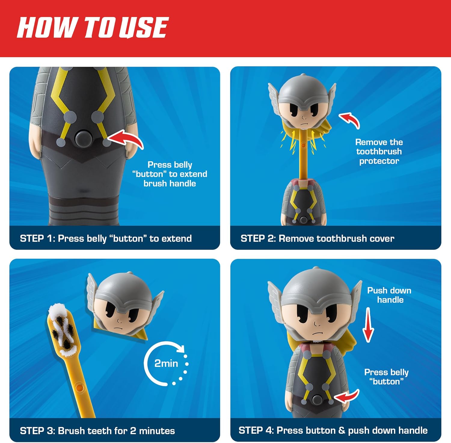 Brush Buddies Marvel Thor Kids Toothbrush, Soft Rounded Bristles, Poppin' Fun Superhero Toothbrush Cover