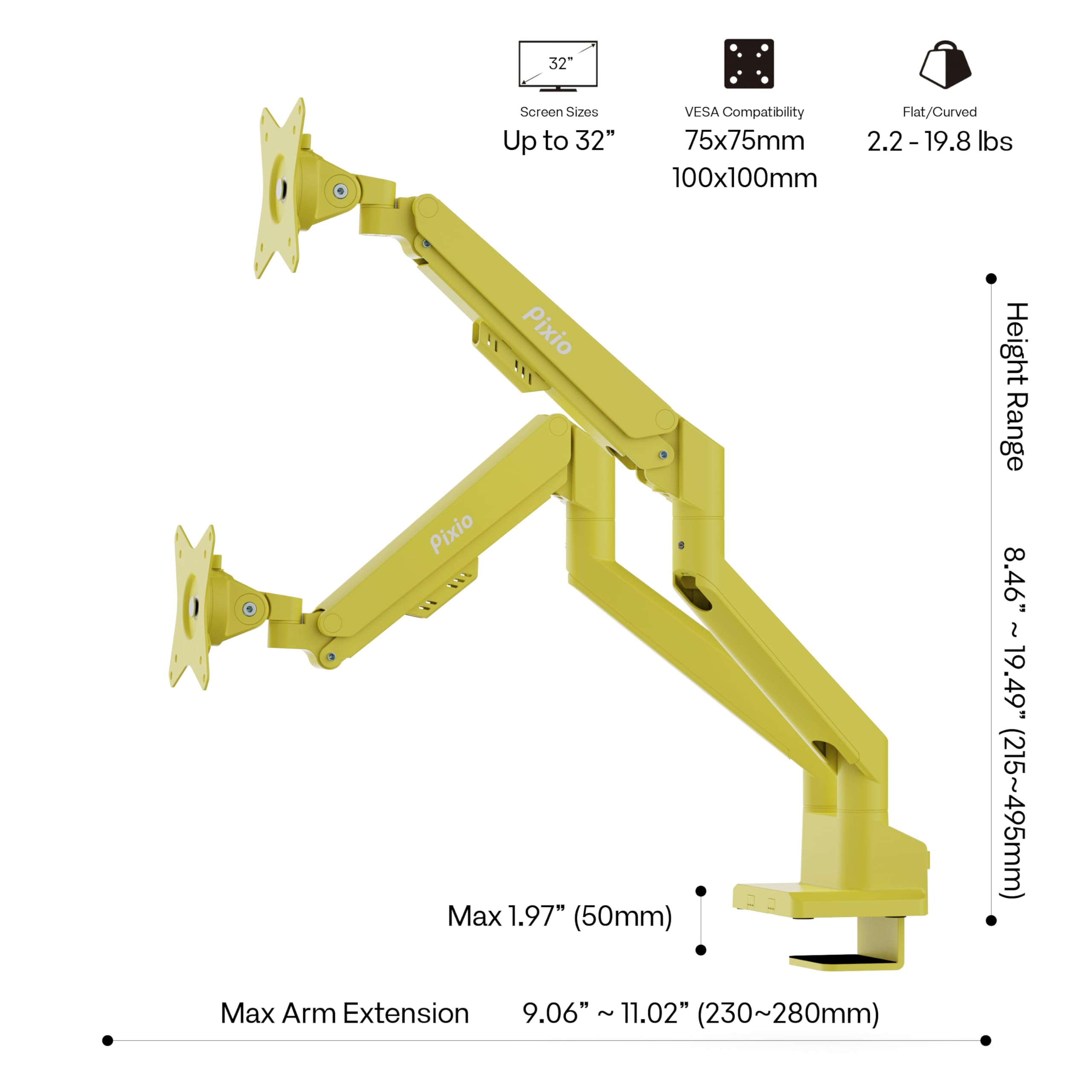 Pixio PS1S Wave Pink Single Monitor Arm Stand Desk Mount - Fits up to 32 inches Monitors and up to 19.8lbs. VESA Compatibility and Integrated Cable Management