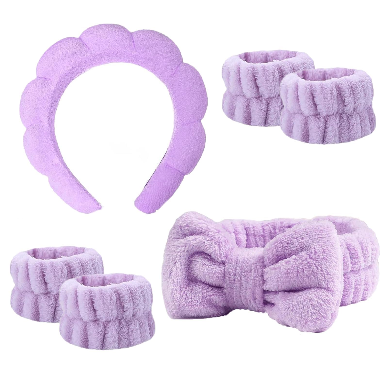 6 Pcs Spa Headbands for women and girls face washing, makeup, facial skin care, fluffy sponge SPA hairband bow hairband hairpin wristband set. (White spots)
