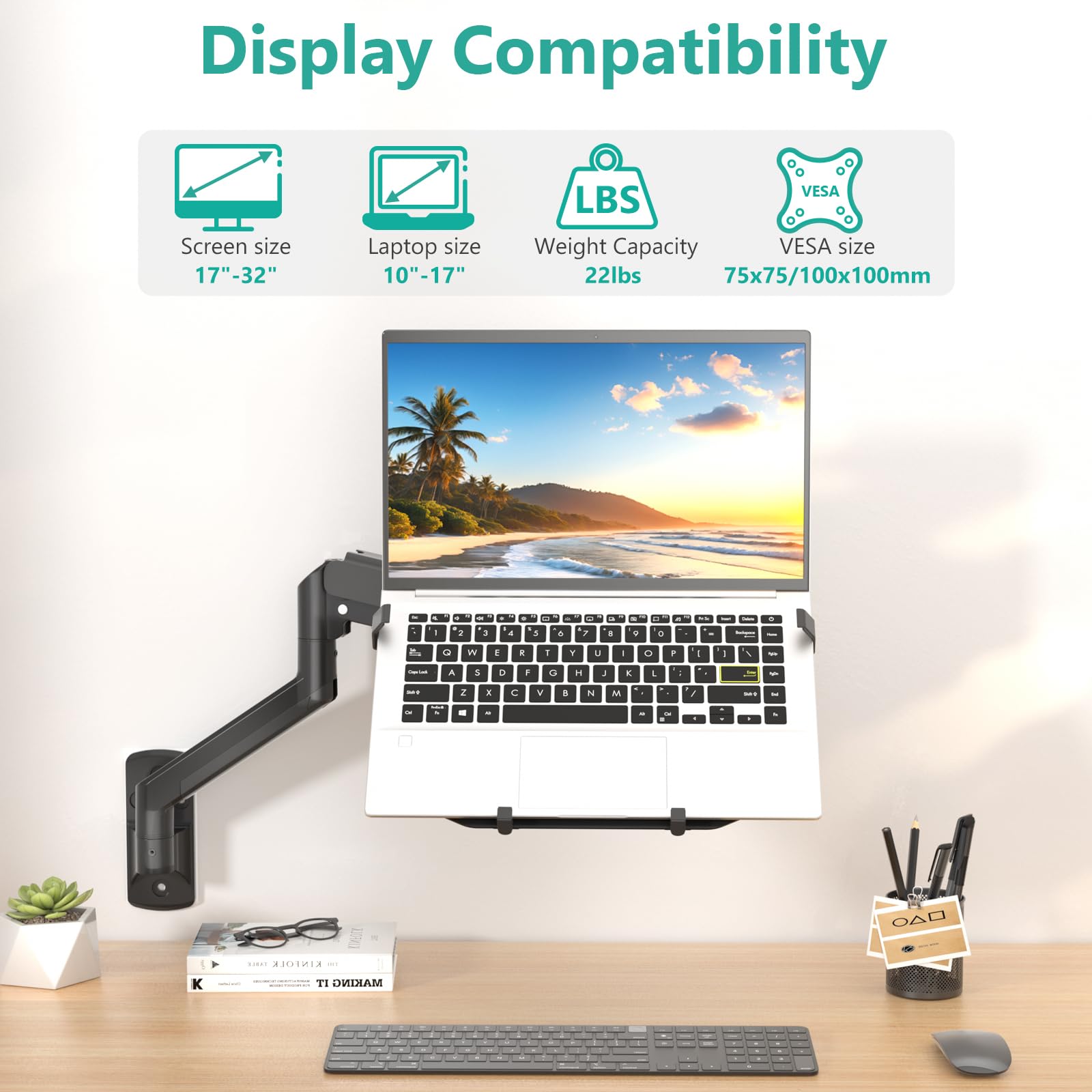 WALI Single Arm Laptop and Monitor Desk Mount for 17" Notebook and Single Screen, 2-in-1 Adjustable Gas Spring Monitor Arm with Laptop Tray, VESA 75x75 100x100,Holds 22-26.4 lbs, Black (GSMP001NLP)
