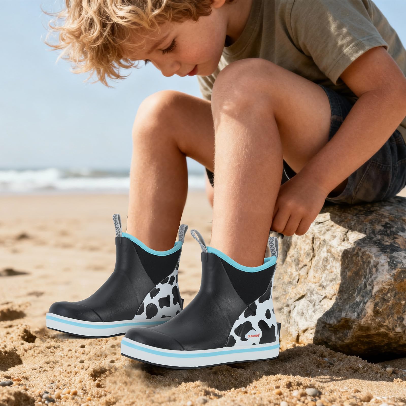 Showave Kid's Deck Boots Waterproof Ankle Rain Boots for Boys Girls Insulated Neoprene Rubber Boots Non-slip Child Rain Shoes