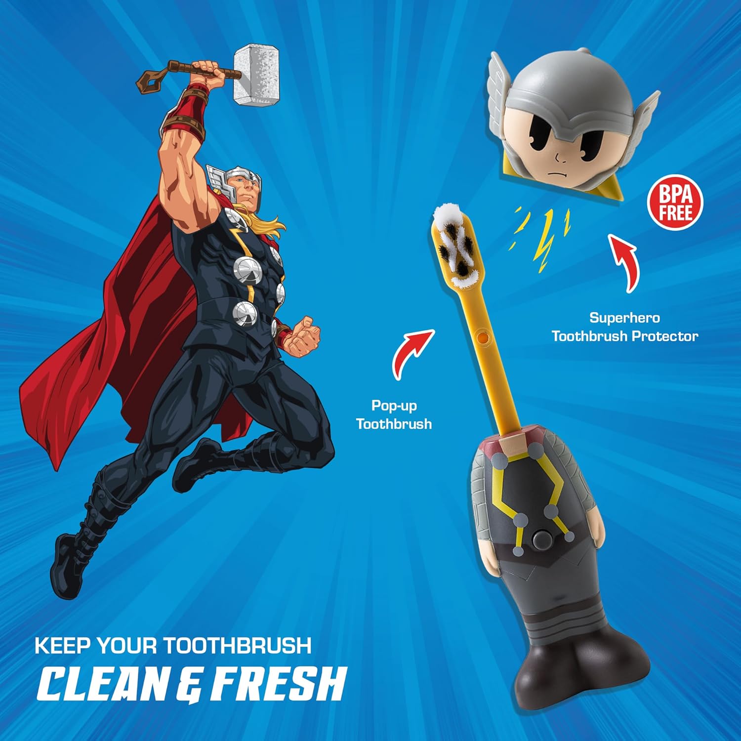 Brush Buddies Marvel Thor Kids Toothbrush, Soft Rounded Bristles, Poppin' Fun Superhero Toothbrush Cover