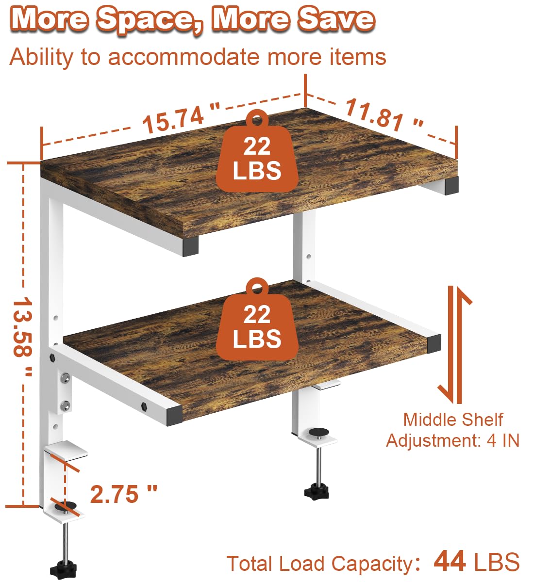 Clamp on Desk Organizer Shelf, Heavy-Duty Desk Extender Side Table with 2-Tier Adjustable Storage Shelves for Desktop Accessories, Gaming Devices, White