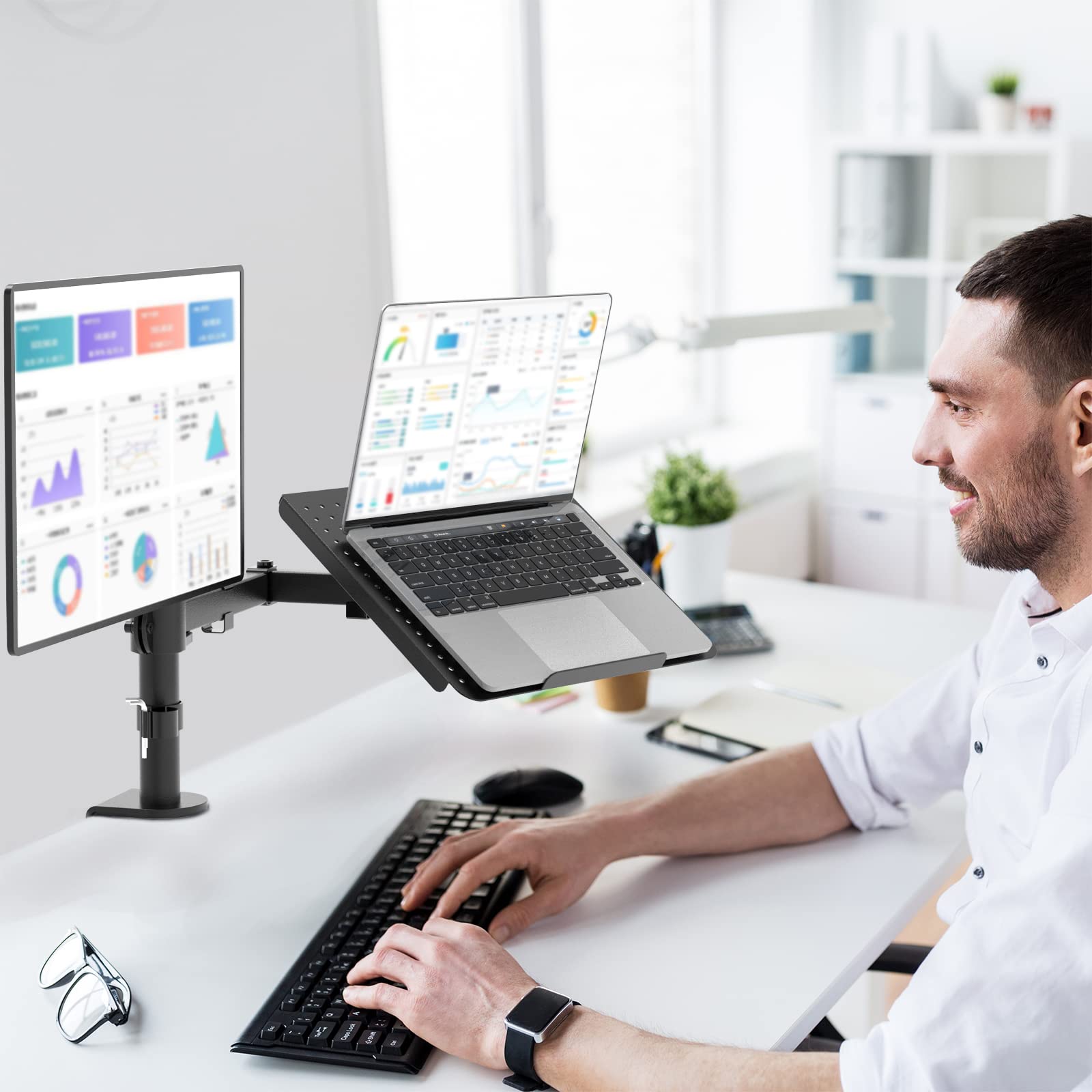 WALI Single Arm Laptop and Monitor Desk Mount for 17" Notebook and Single Screen, 2-in-1 Adjustable Gas Spring Monitor Arm with Laptop Tray, VESA 75x75 100x100,Holds 22-26.4 lbs, Black (GSMP001NLP)