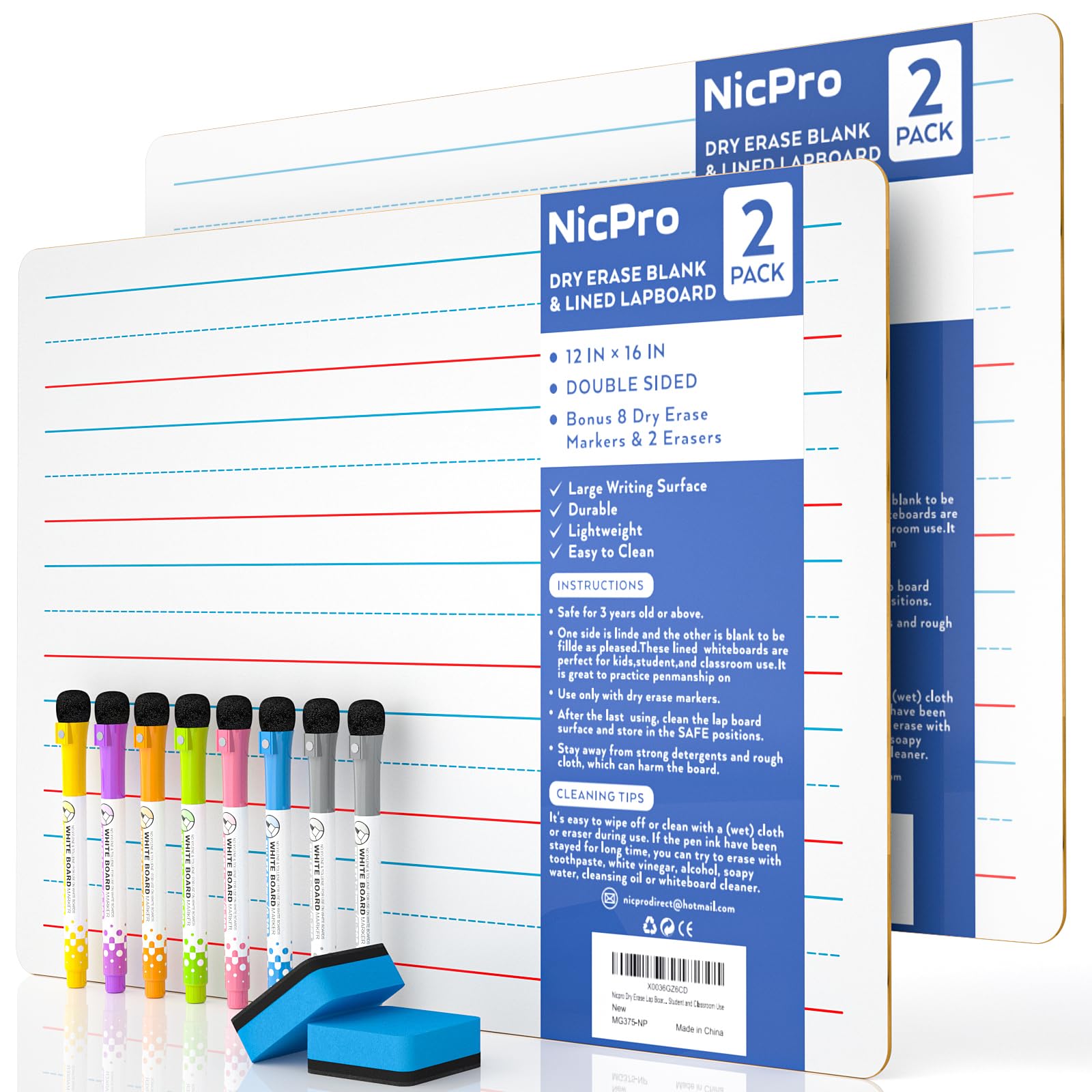 Nicpro Dry Erase Lap Board 9 x 12 inches 2 Pack Ruled Kid Double Sided Blank & Lined Small Lapboard with 8 Pens, 2 Eraser, Learning Mini Whiteboard Portable for Student and Classroom Use