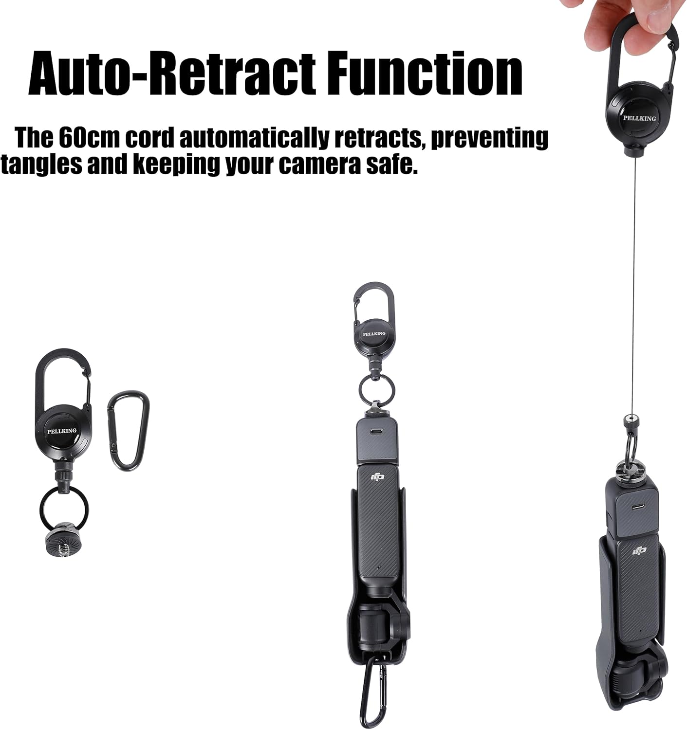 PellKing DJI Osmo Pocket 3 Carabiner Badge Backpack Mount- 60cm Retractable Lanyard, Hands-Free Anti-Loss Security Strap for Outdoor Travel, Easy Access & Auto-Retract