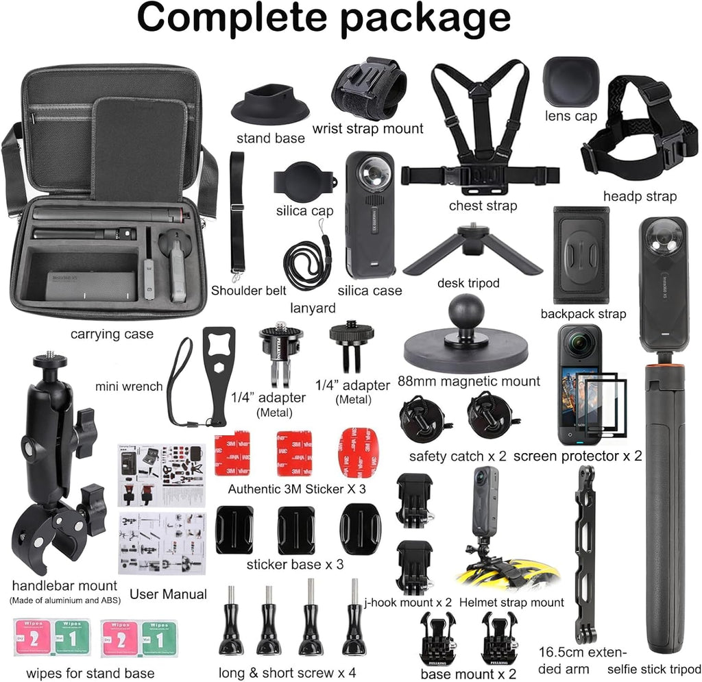 PellKing Accessories Kit for Insta360 X5,Included Carrying Case with Belt,135cm Selfie Stick Tripod,Aluminium Handlebar Clamp.2 Pcs Metal 1/4" Adapter,Magnetic Mount,4 Pcs Body Strap Mount,and Other