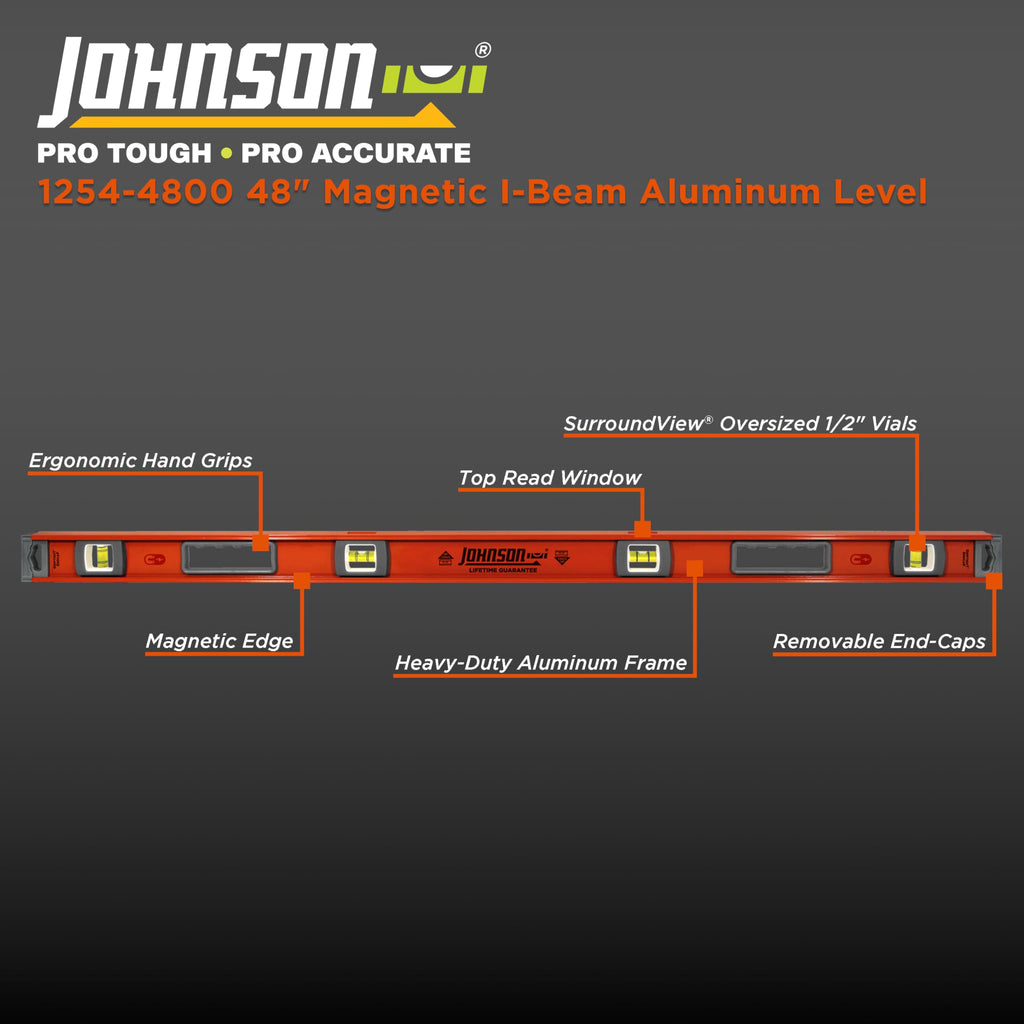 Johnson Level & Tool 1254-2400 Magnetic Heavy Duty I-Beam Aluminum, 24", Orange, 1 Level
